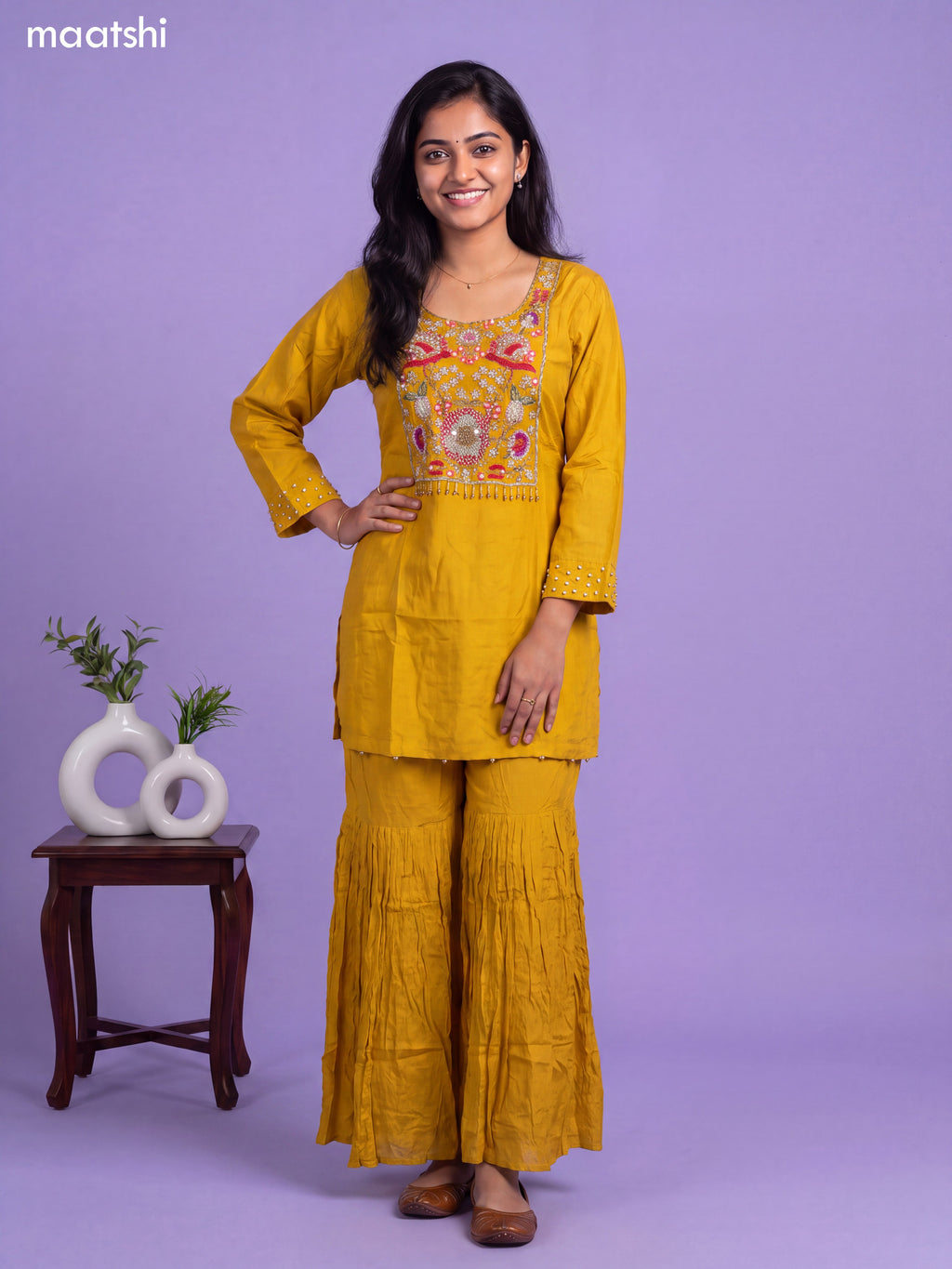 Mustard Yellow Art Silk Embroidery Work Short Straight Suit