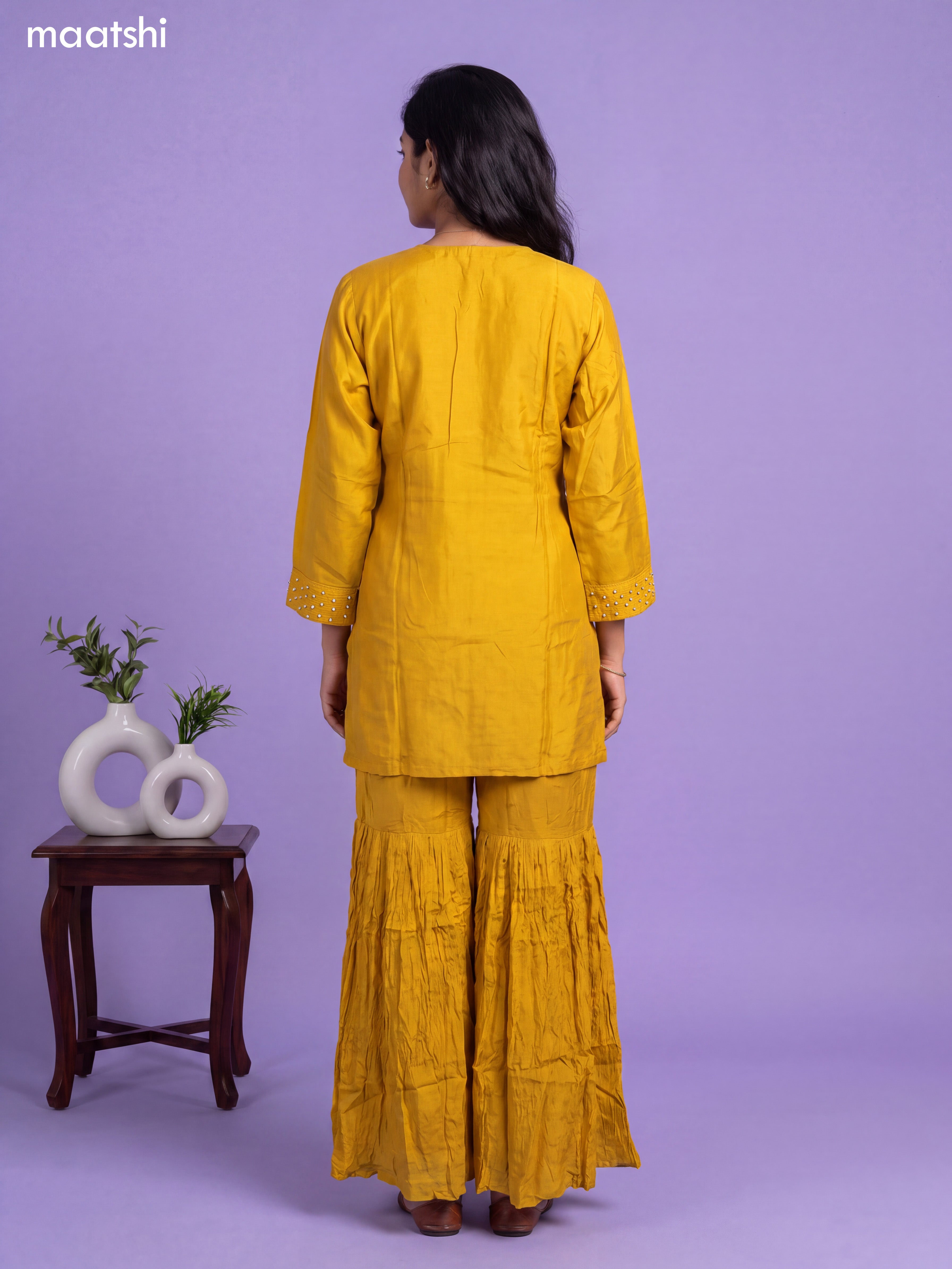 Mustard Yellow Art Silk Embroidery Work Short Straight Suit