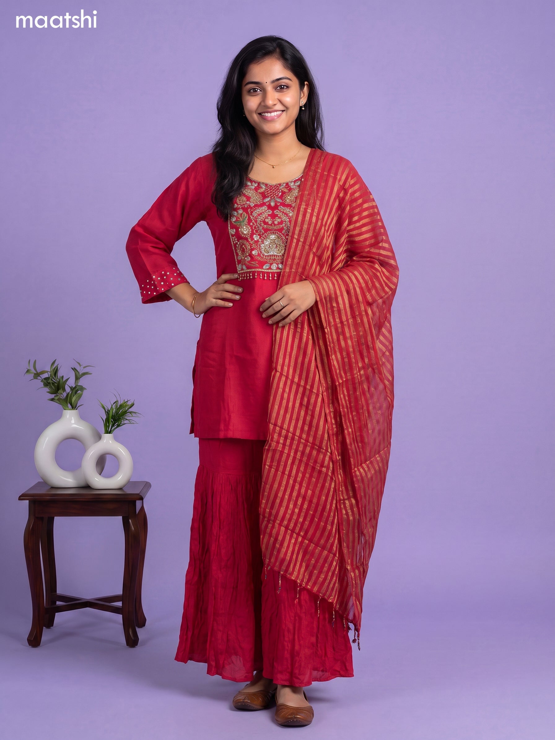 Pink Art Silk Embroidery Work Short Straight Suit