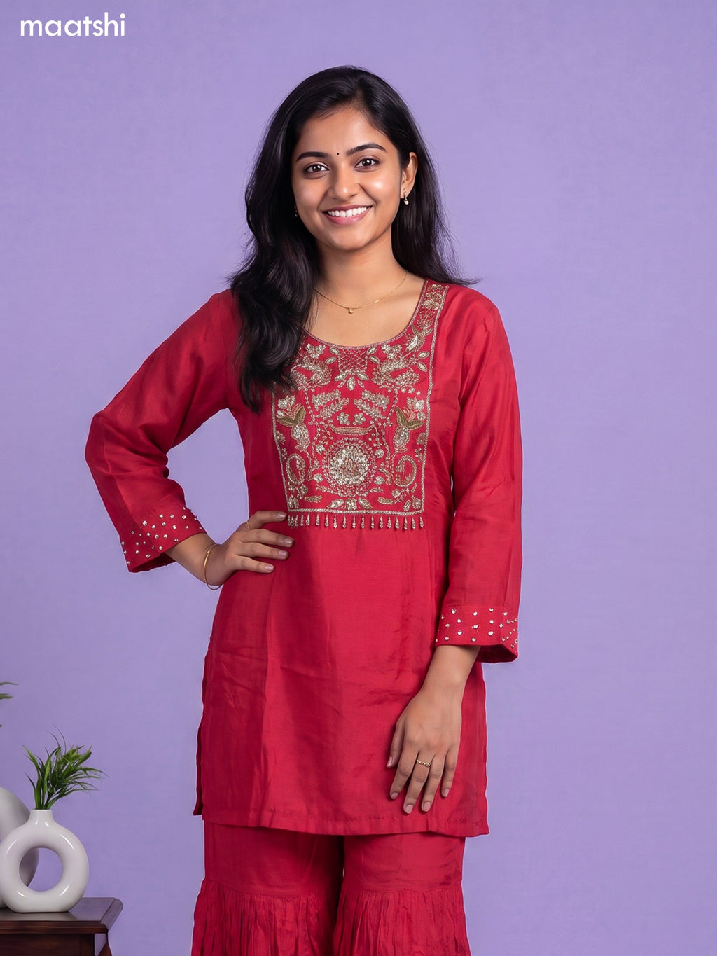 Pink Art Silk Embroidery Work Short Straight Suit