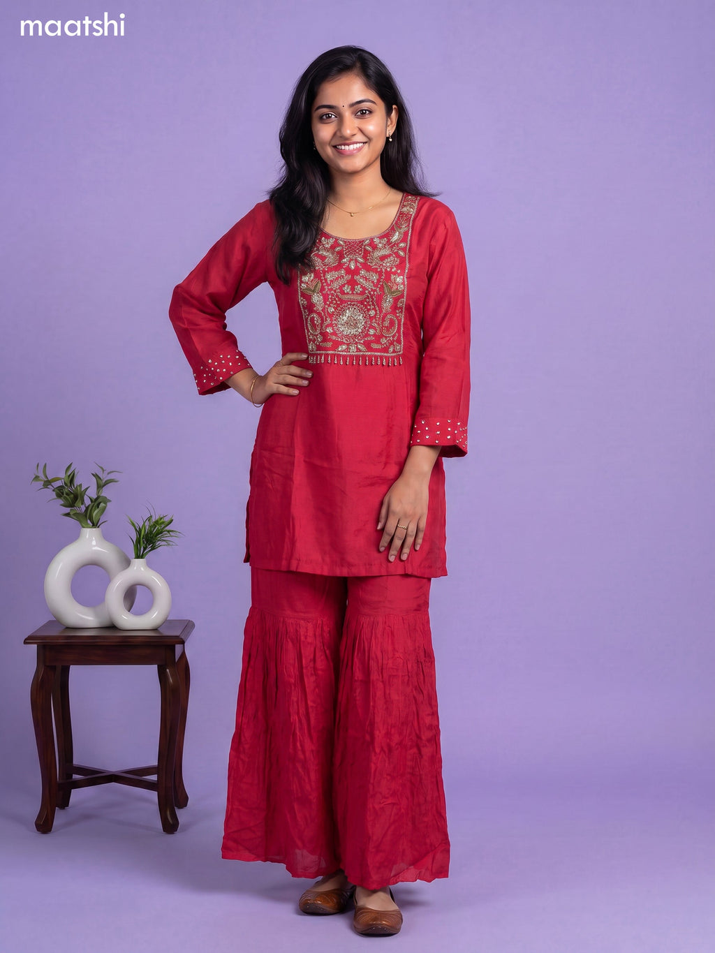 Pink Art Silk Embroidery Work Short Straight Suit