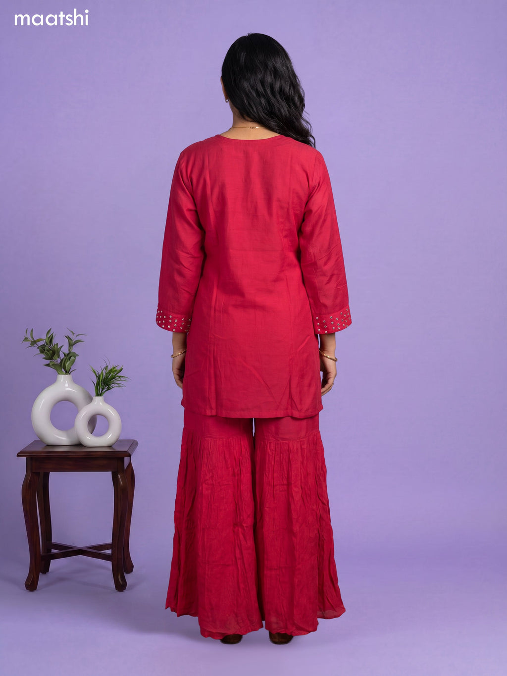 Pink Art Silk Embroidery Work Short Straight Suit