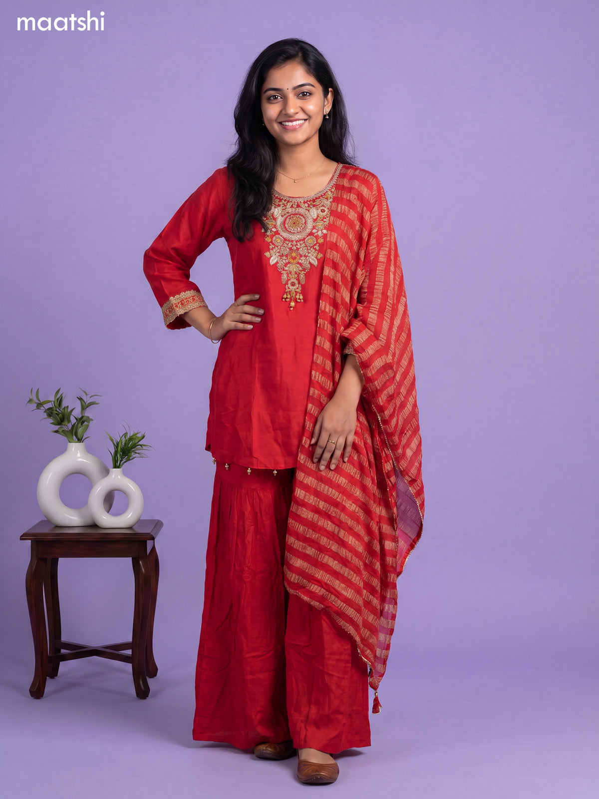 Red Art Silk Embroidery Work Short Anarkali Suit