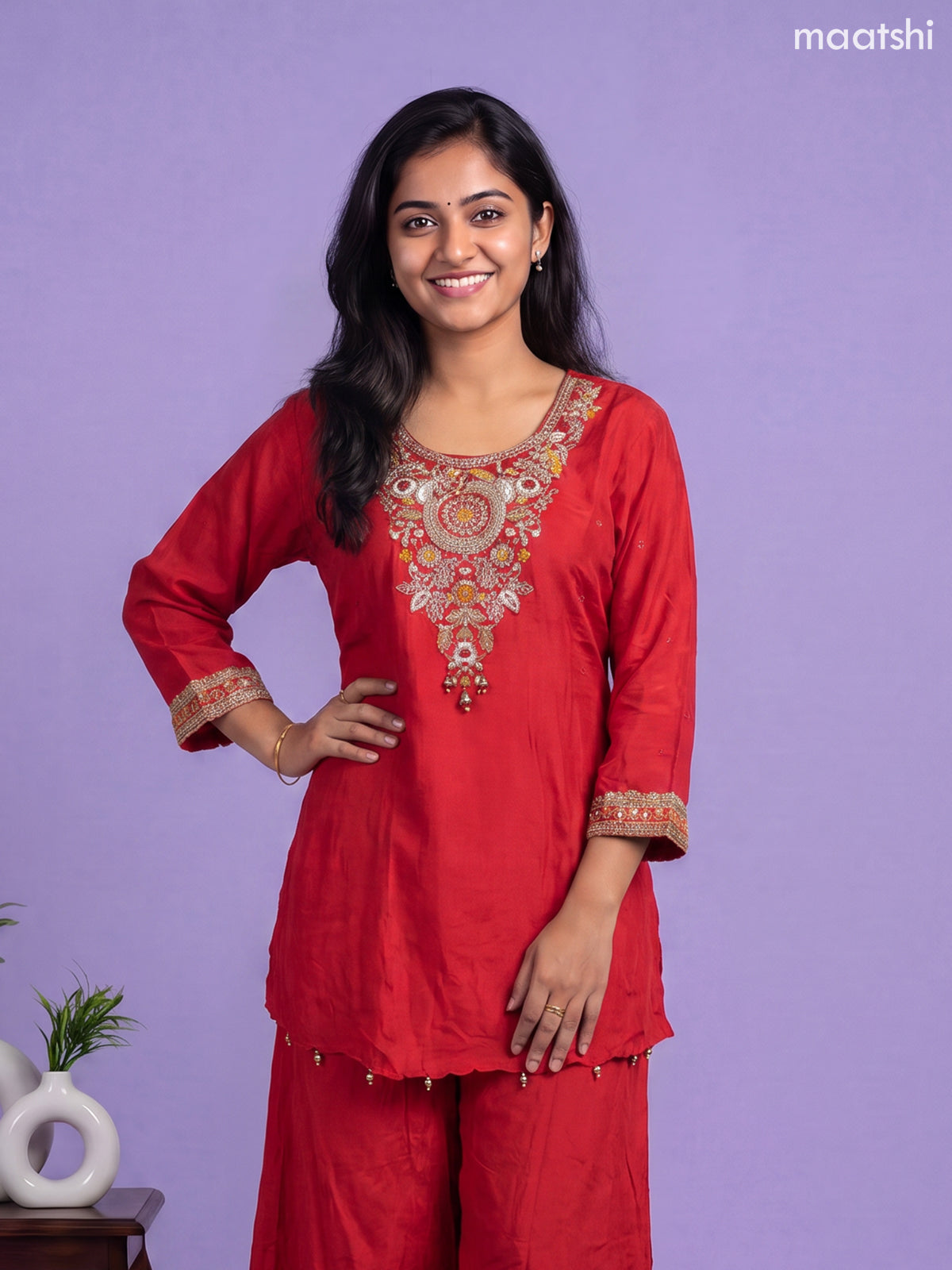 Red Art Silk Embroidery Work Short Anarkali Suit