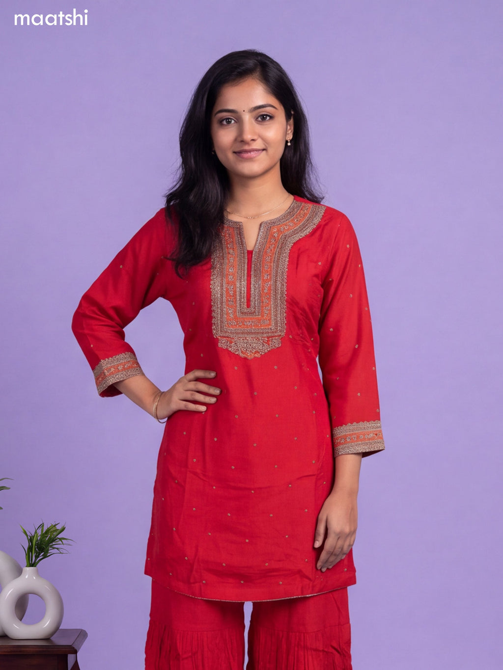 Red Art Silk Embroidery Work Short Anarkali Suit