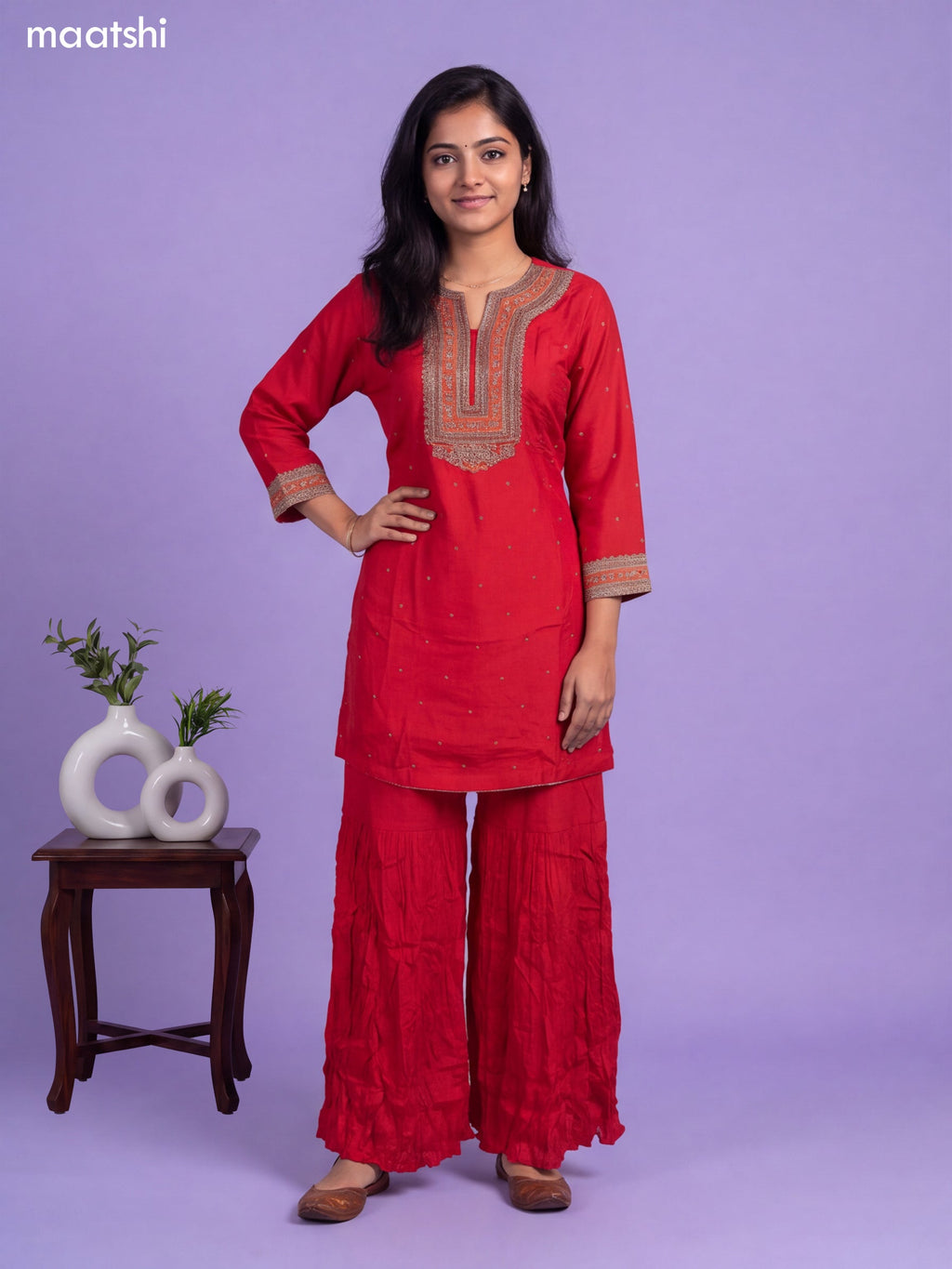 Red Art Silk Embroidery Work Short Anarkali Suit