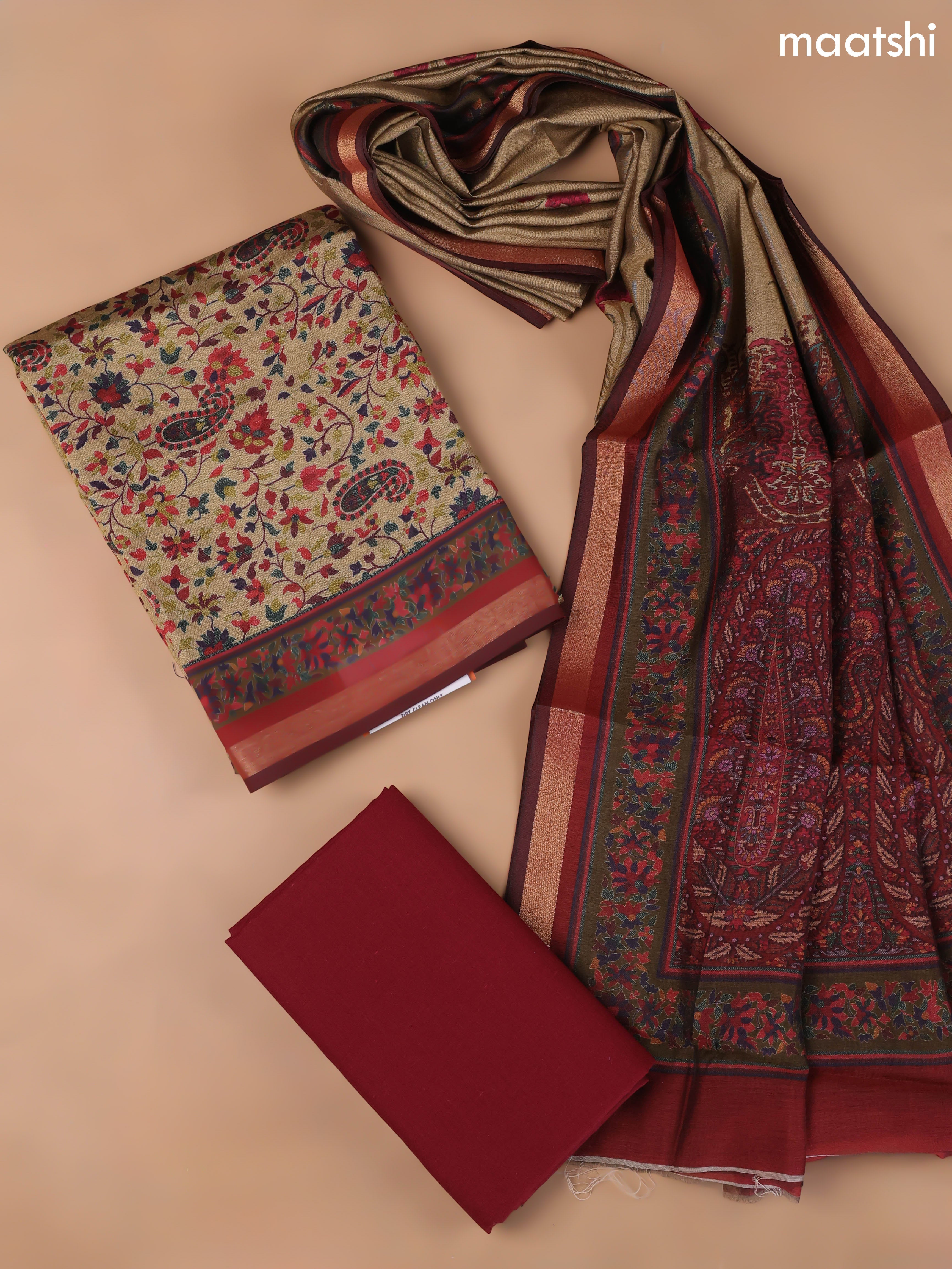 Sandal and Maroon Art Silk Dress Material With Allover Floral Prints