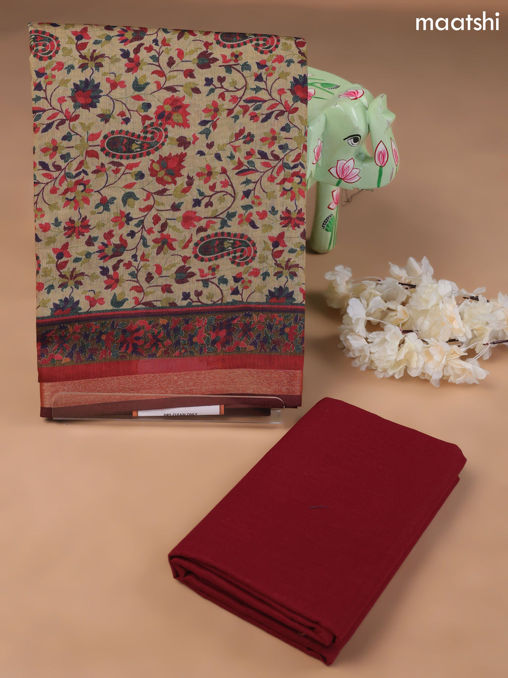 Sandal and Maroon Art Silk Dress Material With Allover Floral Prints
