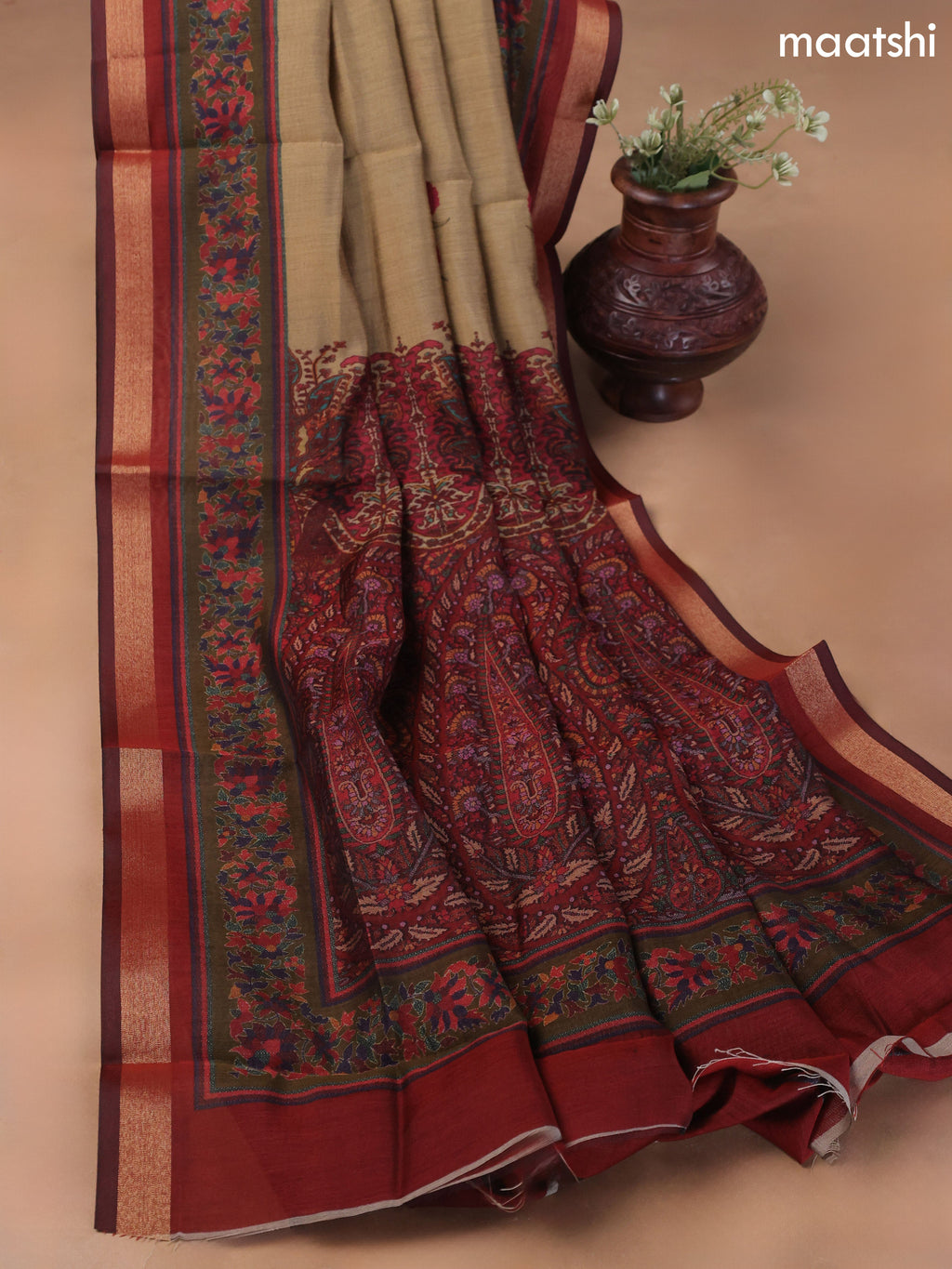 Sandal and Maroon Art Silk Dress Material With Allover Floral Prints