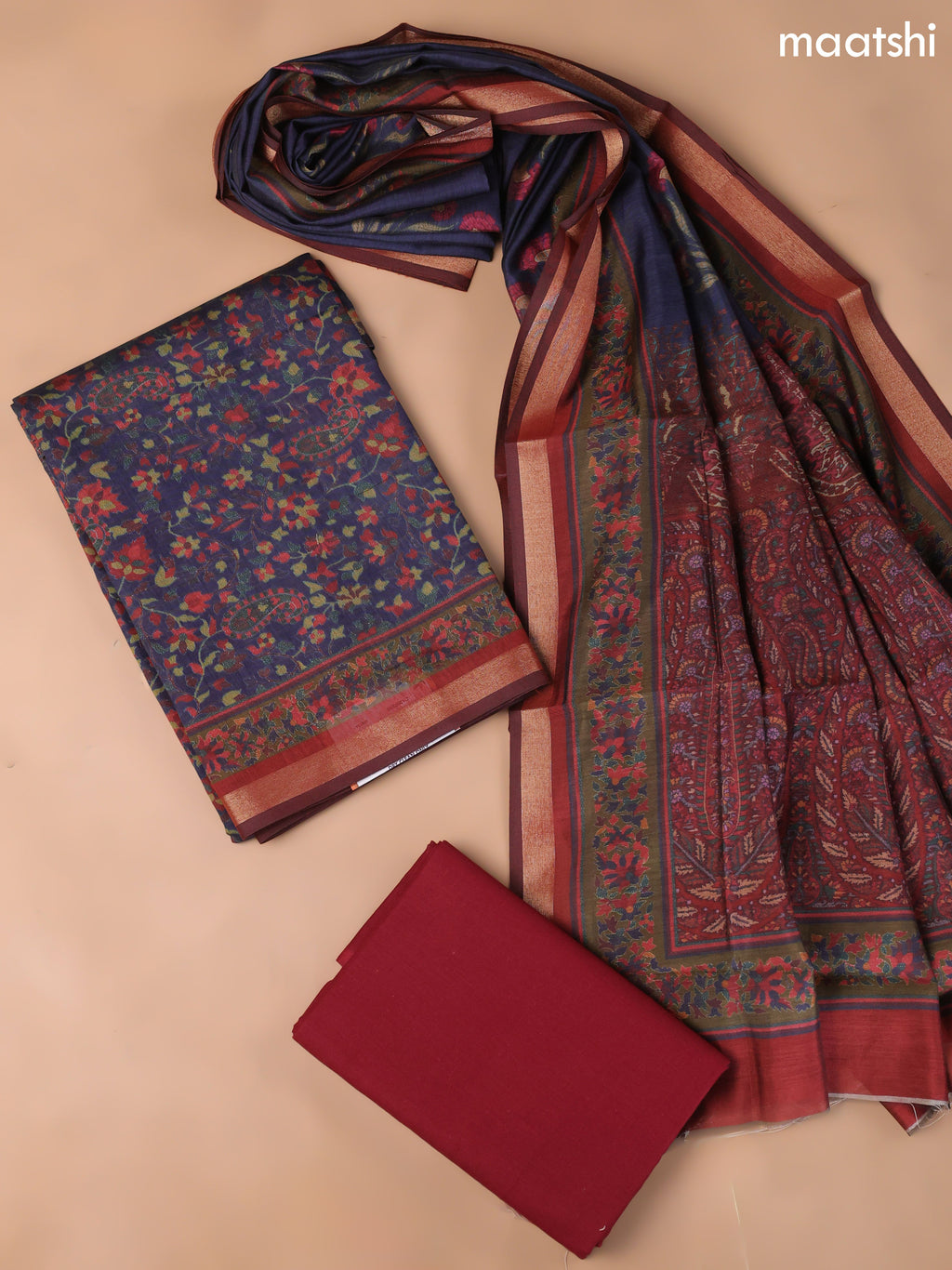 Navy Blue and Maroon Art Silk Dress Material With Allover Floral Prints