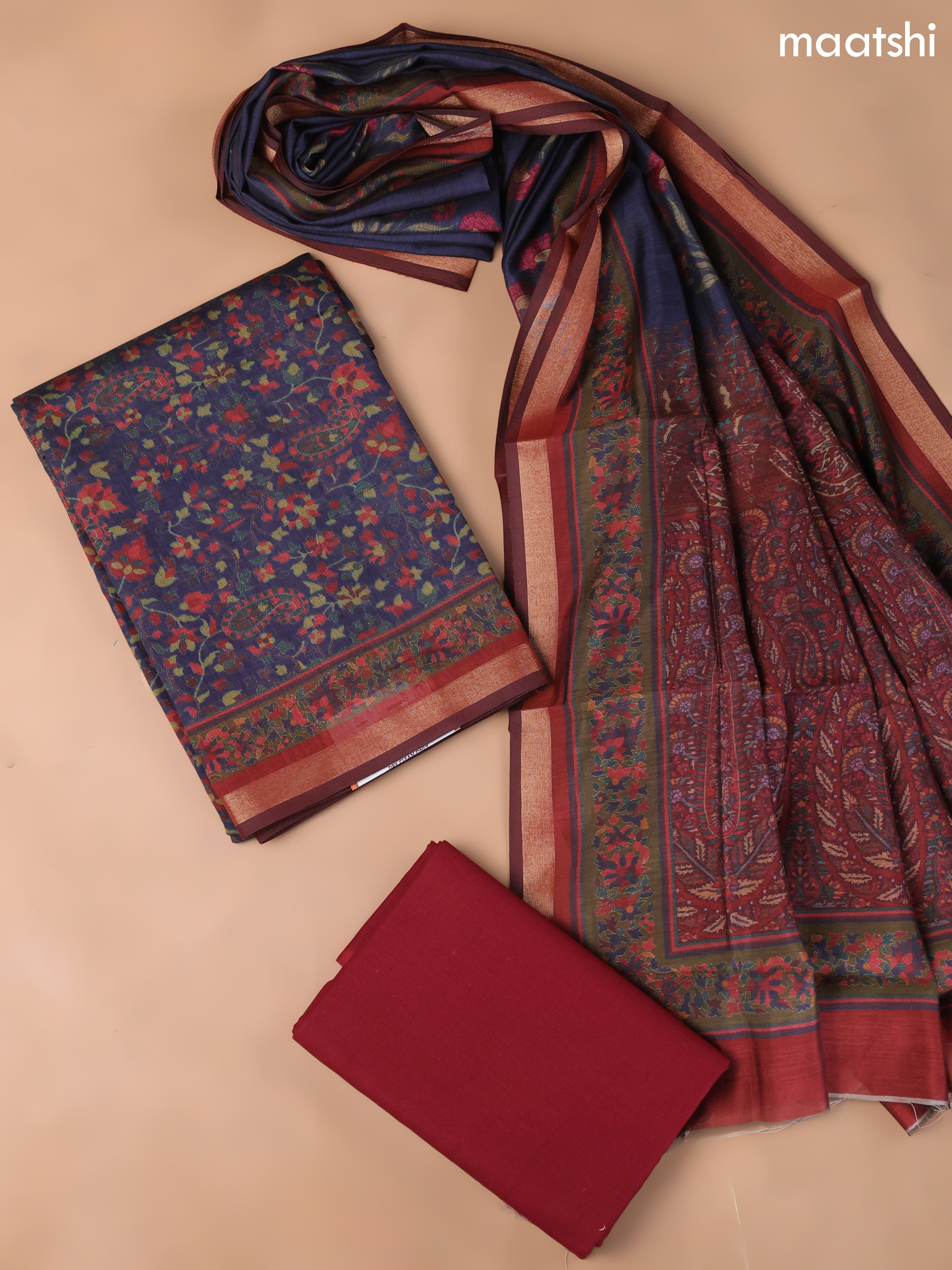 Navy Blue and Maroon Art Silk Dress Material With Allover Floral Prints