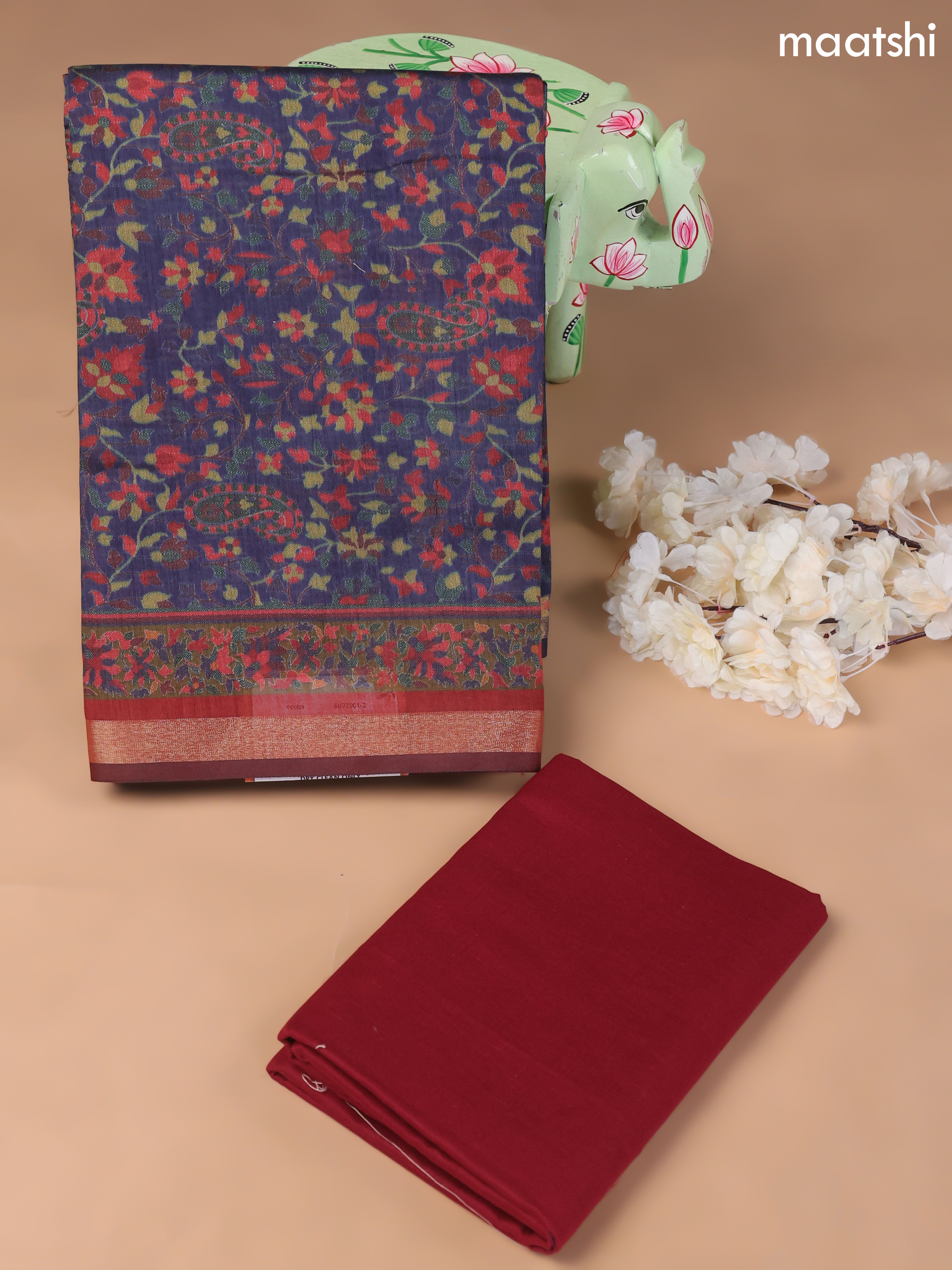 Navy Blue and Maroon Art Silk Dress Material With Allover Floral Prints