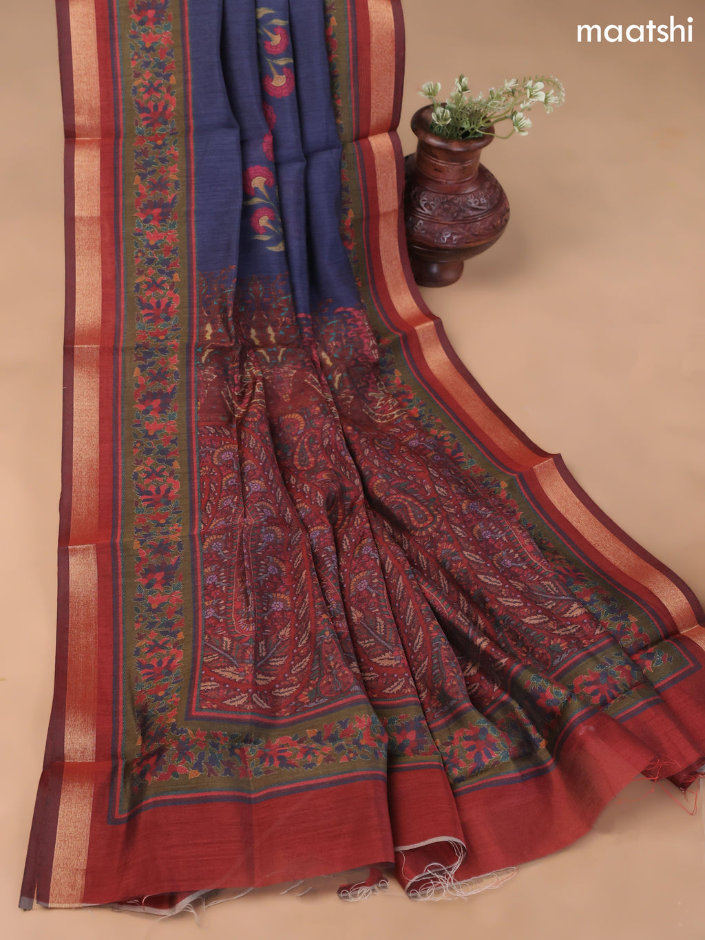 Navy Blue and Maroon Art Silk Dress Material With Allover Floral Prints