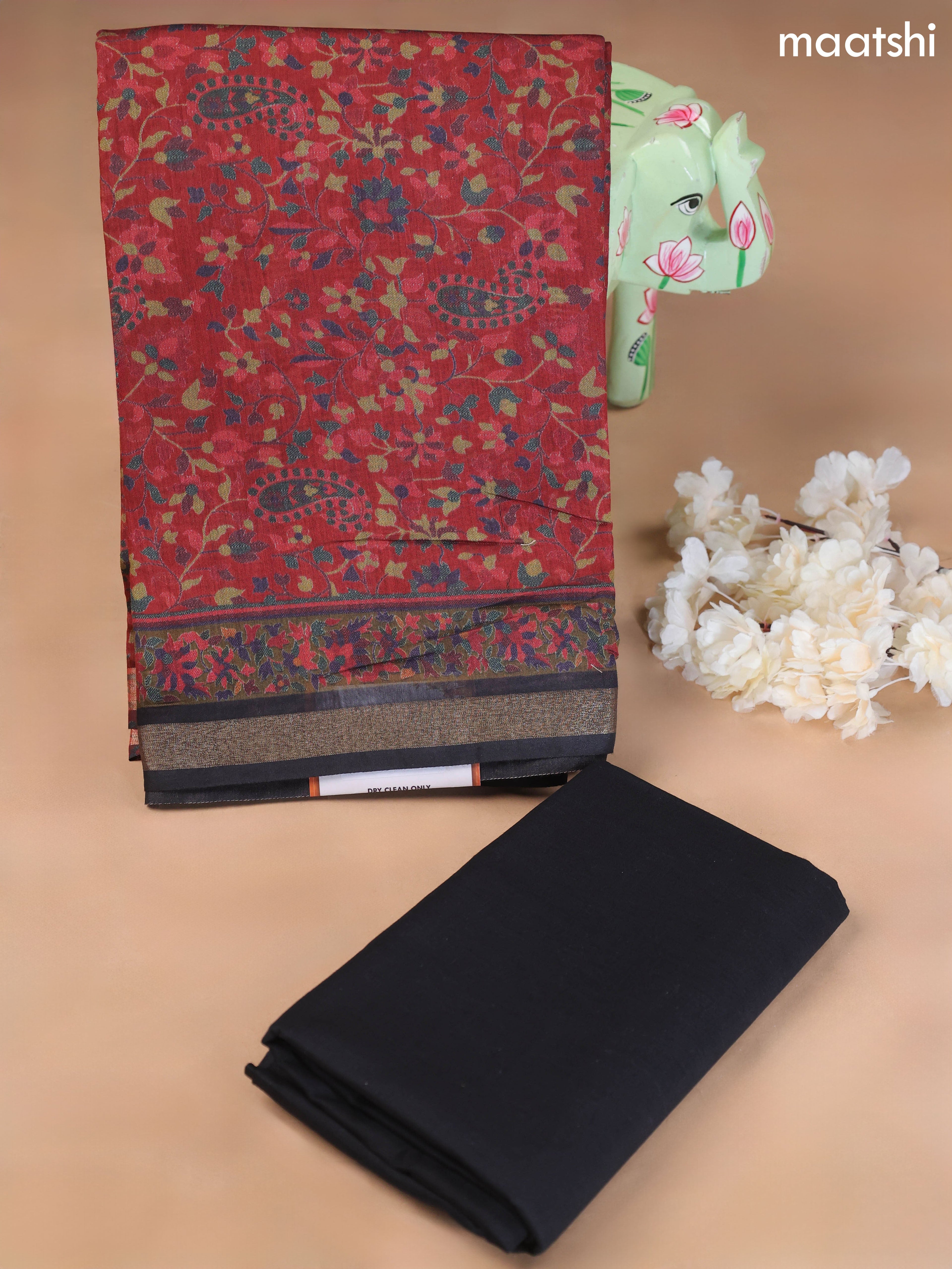 Dark Rust and Black Art Silk Dress Material With Allover Floral Prints