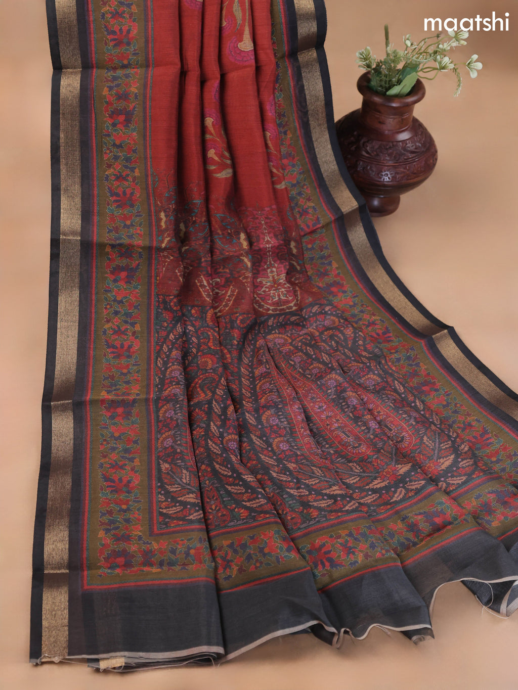 Dark Rust and Black Art Silk Dress Material With Allover Floral Prints