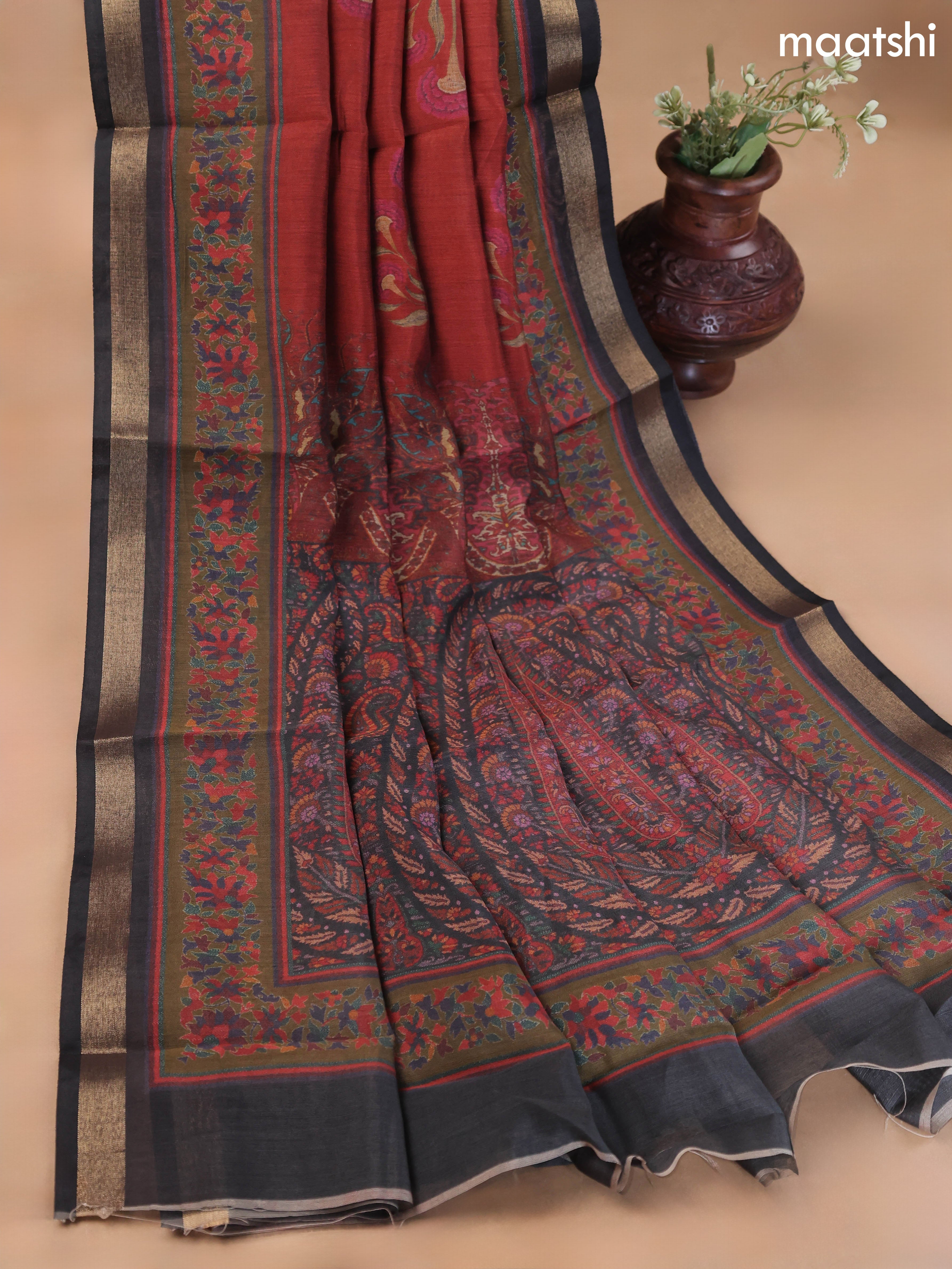 Dark Rust and Black Art Silk Dress Material With Allover Floral Prints
