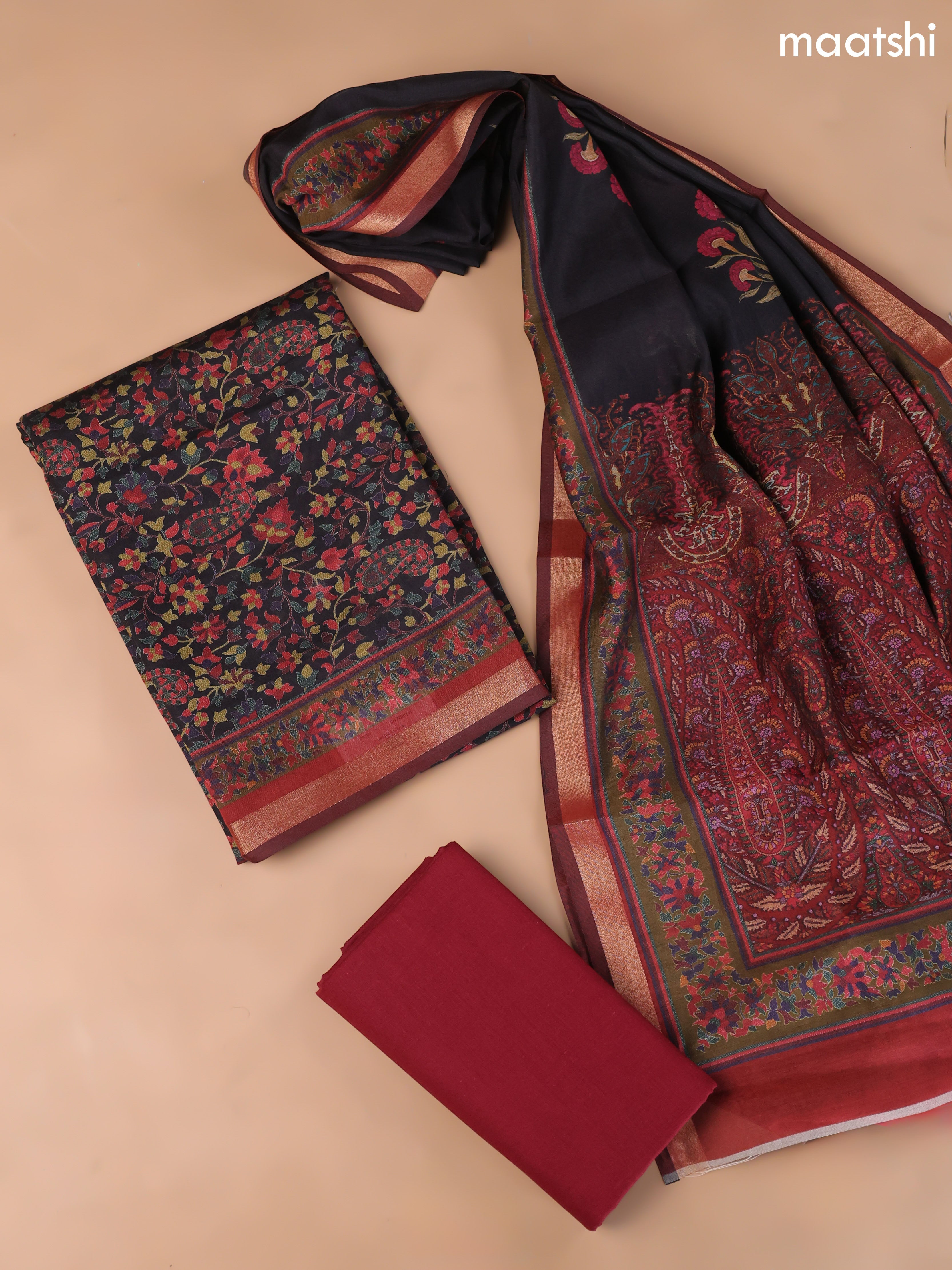 Black and Maroon Art Silk Dress Material With Allover Floral Prints