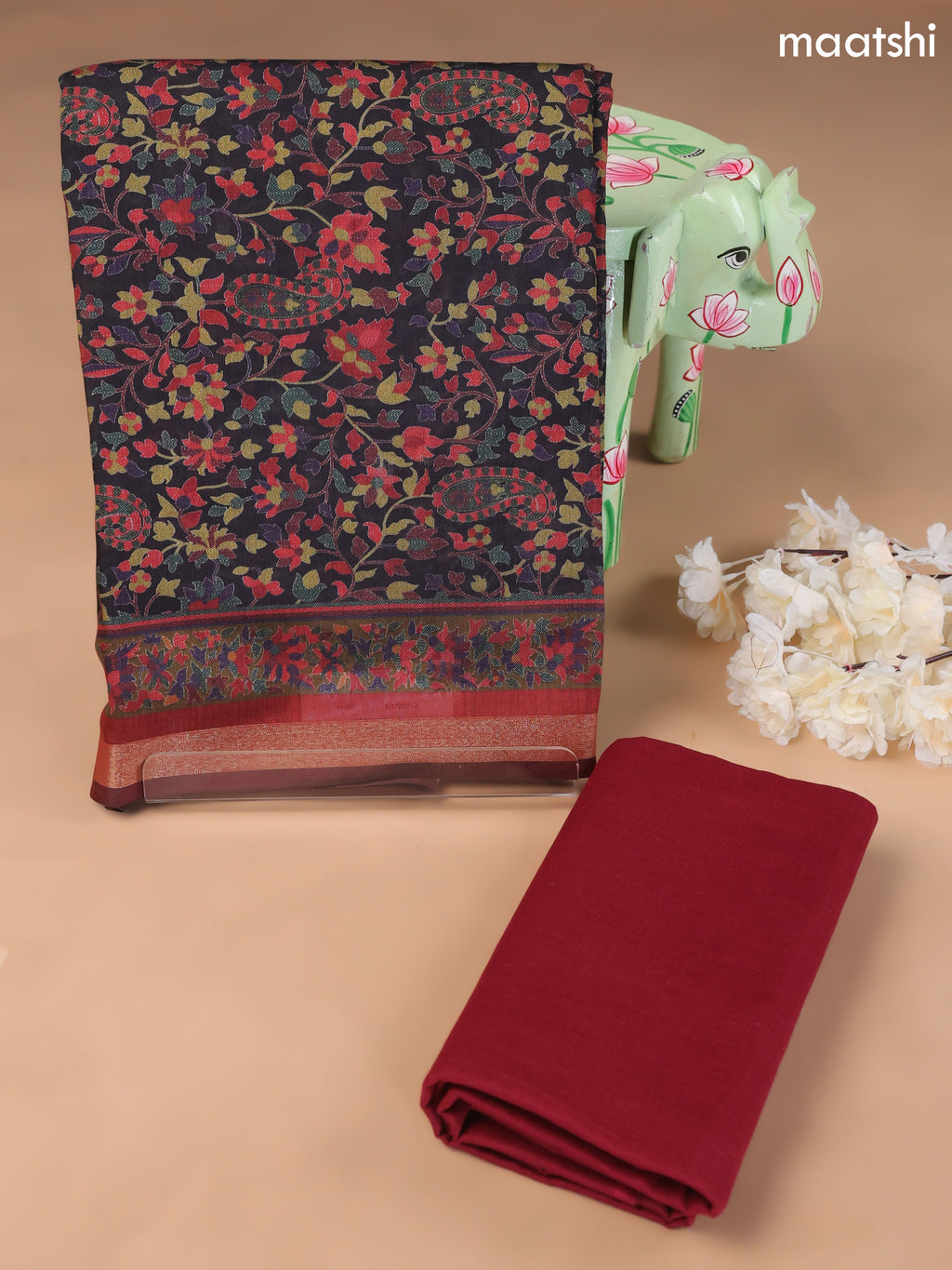 Black and Maroon Art Silk Dress Material With Allover Floral Prints