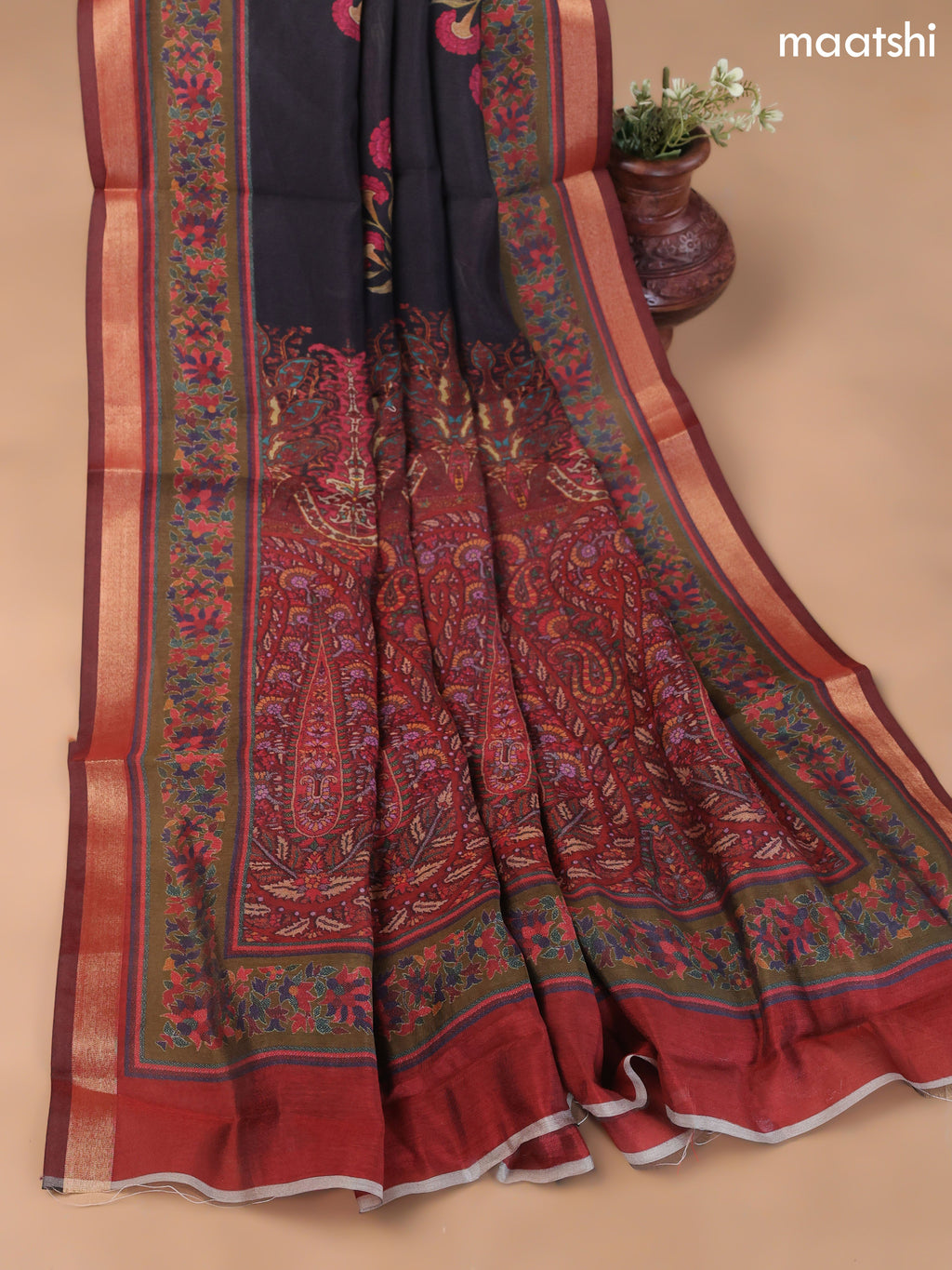 Black and Maroon Art Silk Dress Material With Allover Floral Prints