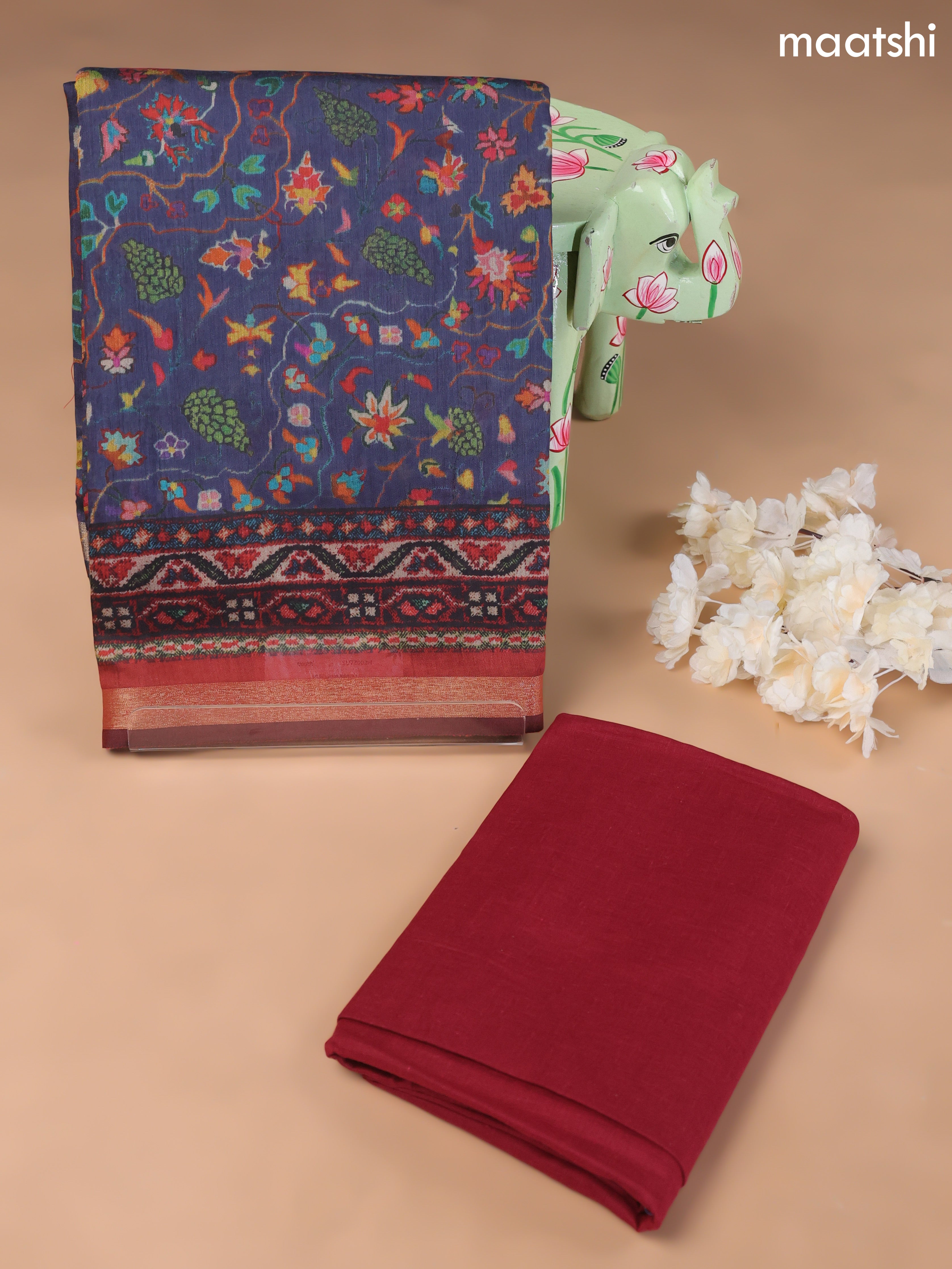 Navy Blue and Maroon Art Silk Dress Material With Allover Floral Prints