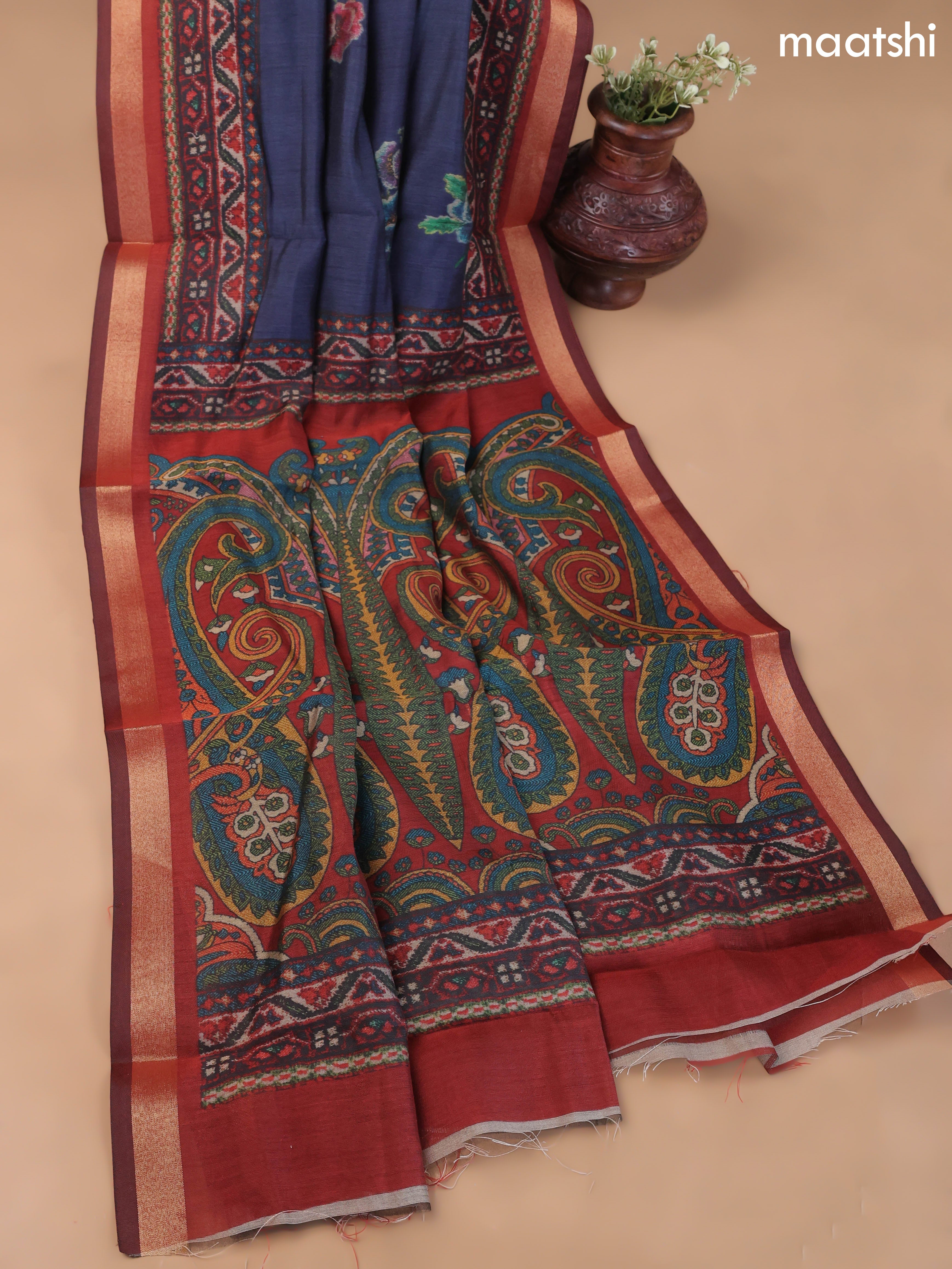 Navy Blue and Maroon Art Silk Dress Material With Allover Floral Prints