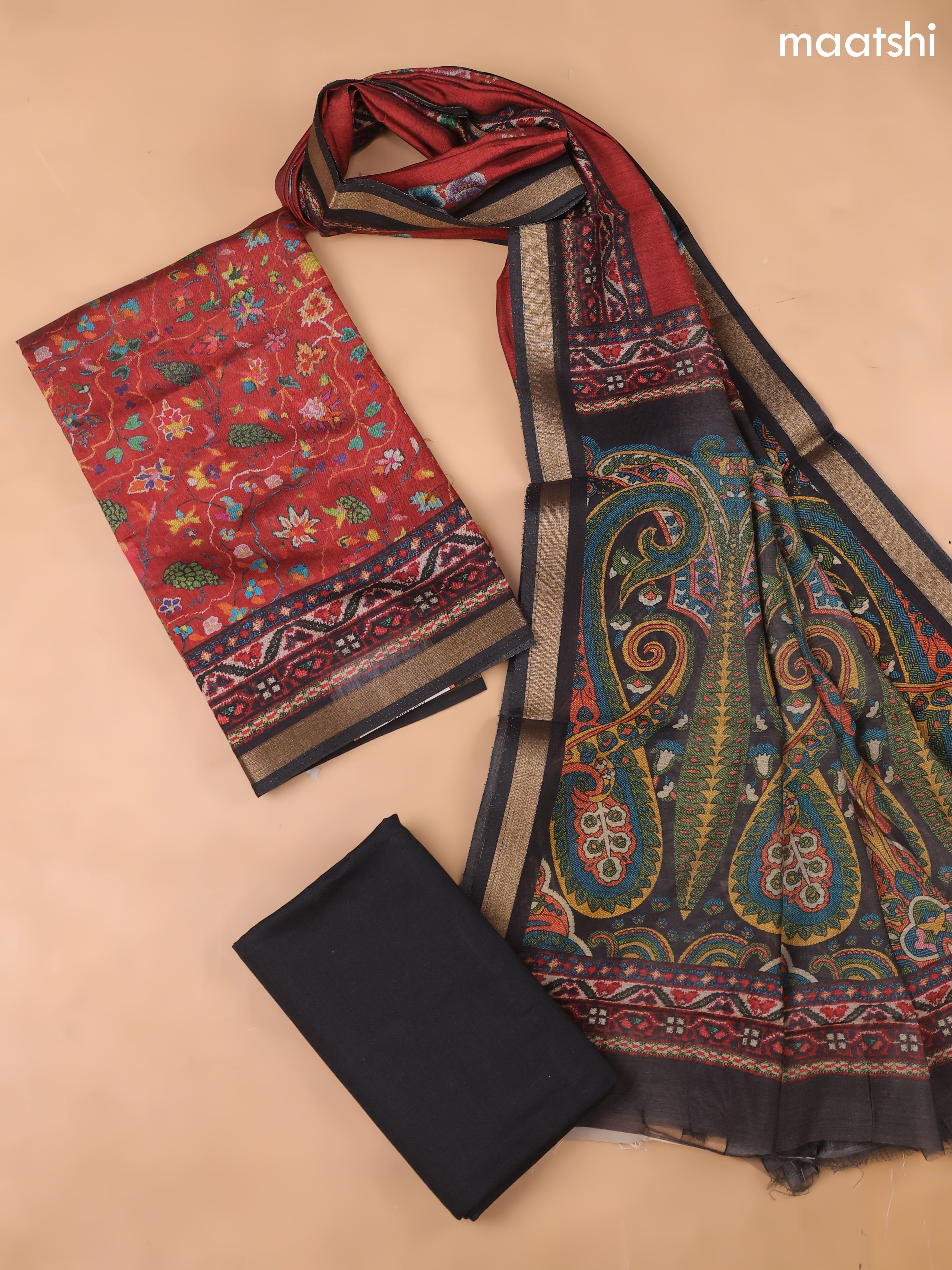 Dark Rust and Black Art Silk Dress Material With Allover Floral Prints