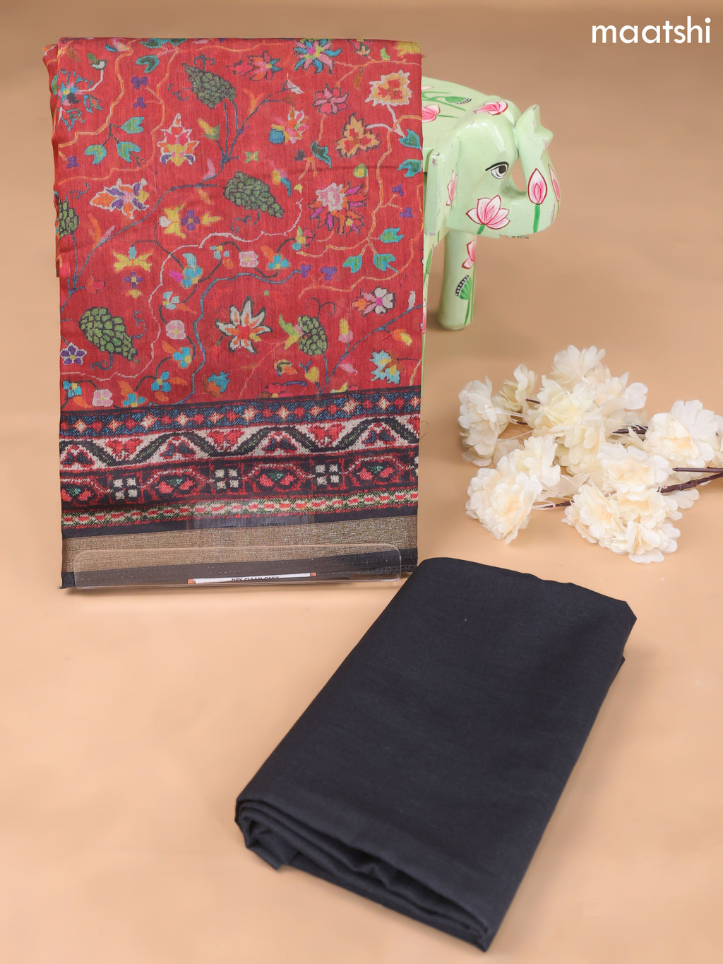 Dark Rust and Black Art Silk Dress Material With Allover Floral Prints