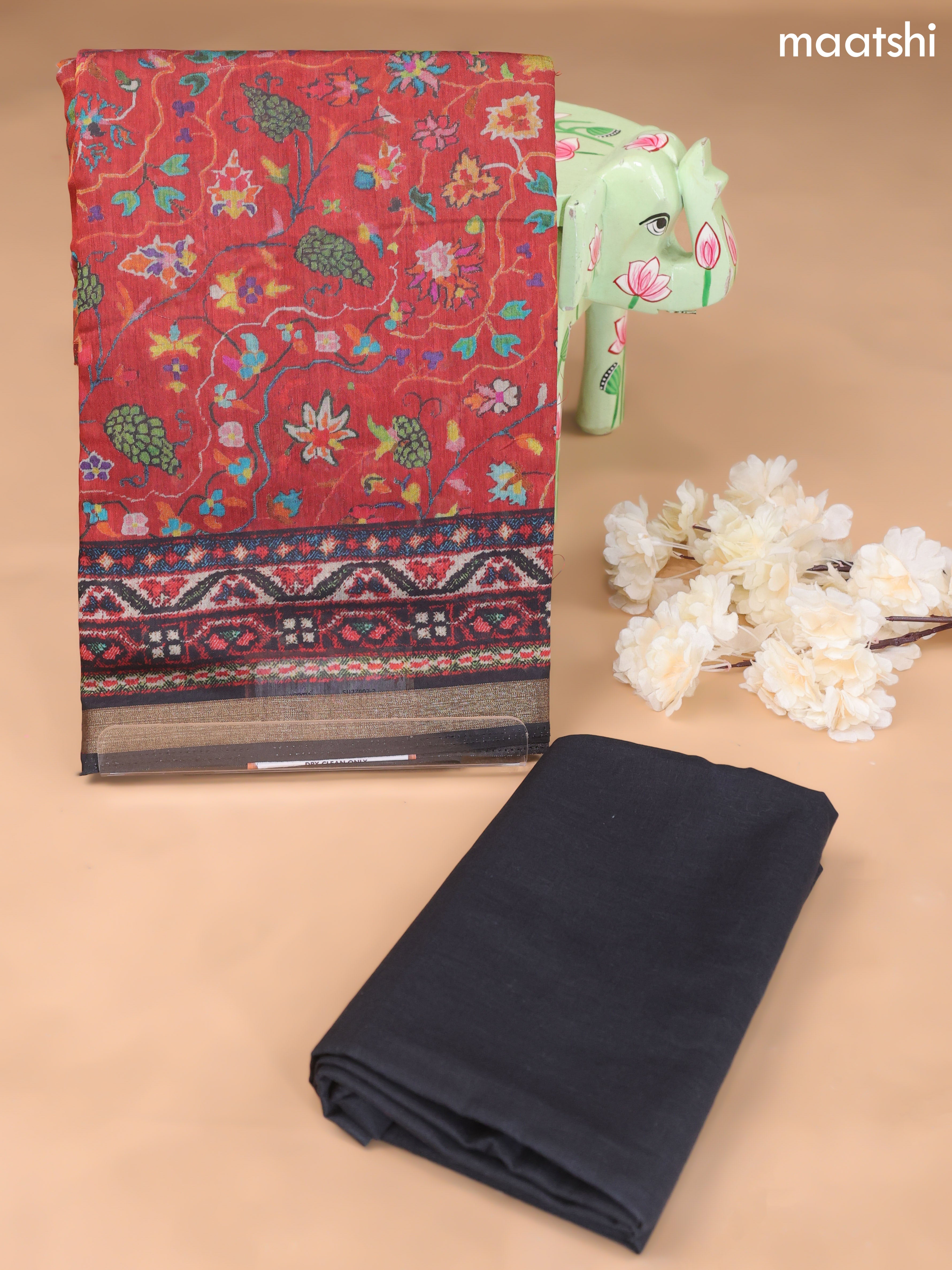 Dark Rust and Black Art Silk Dress Material With Allover Floral Prints