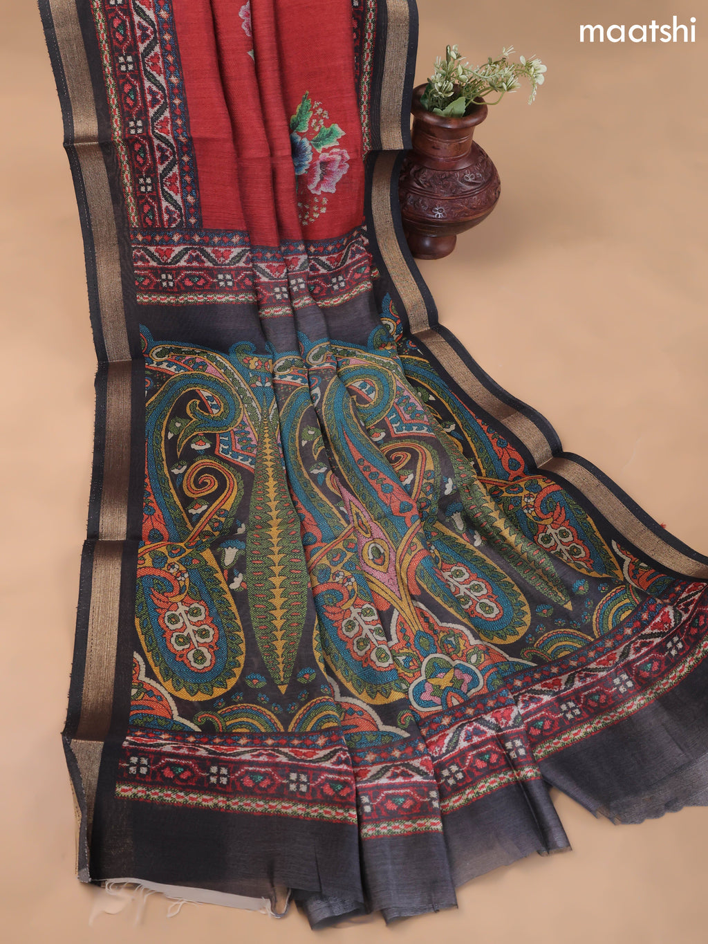 Dark Rust and Black Art Silk Dress Material With Allover Floral Prints