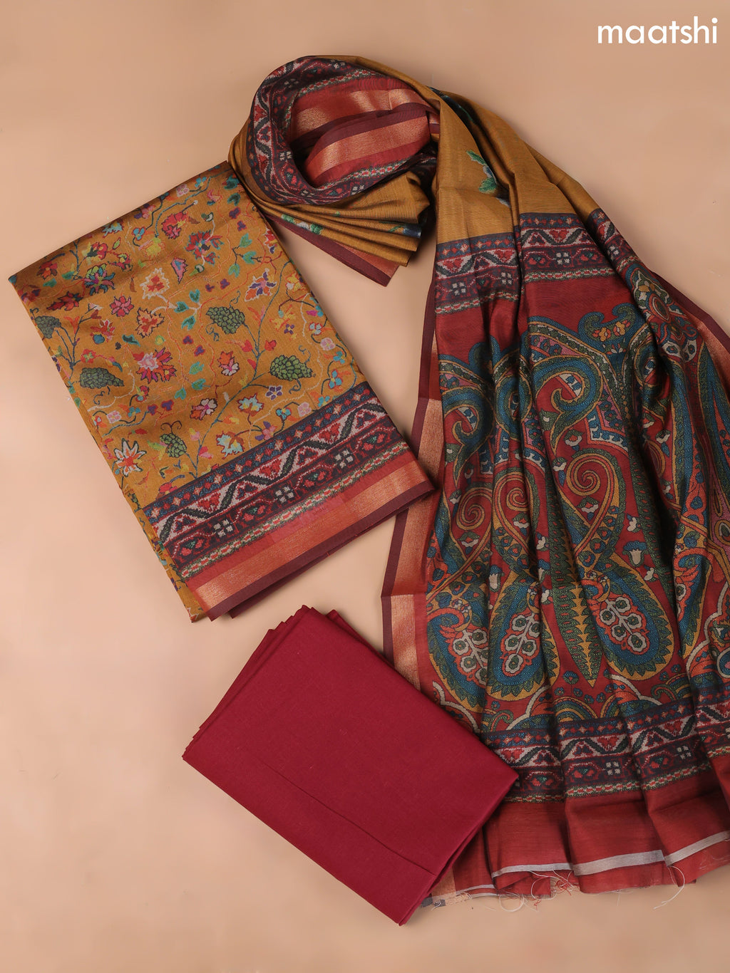 Mustard Yellow and Maroon Art Silk Dress Material With Allover Floral Prints