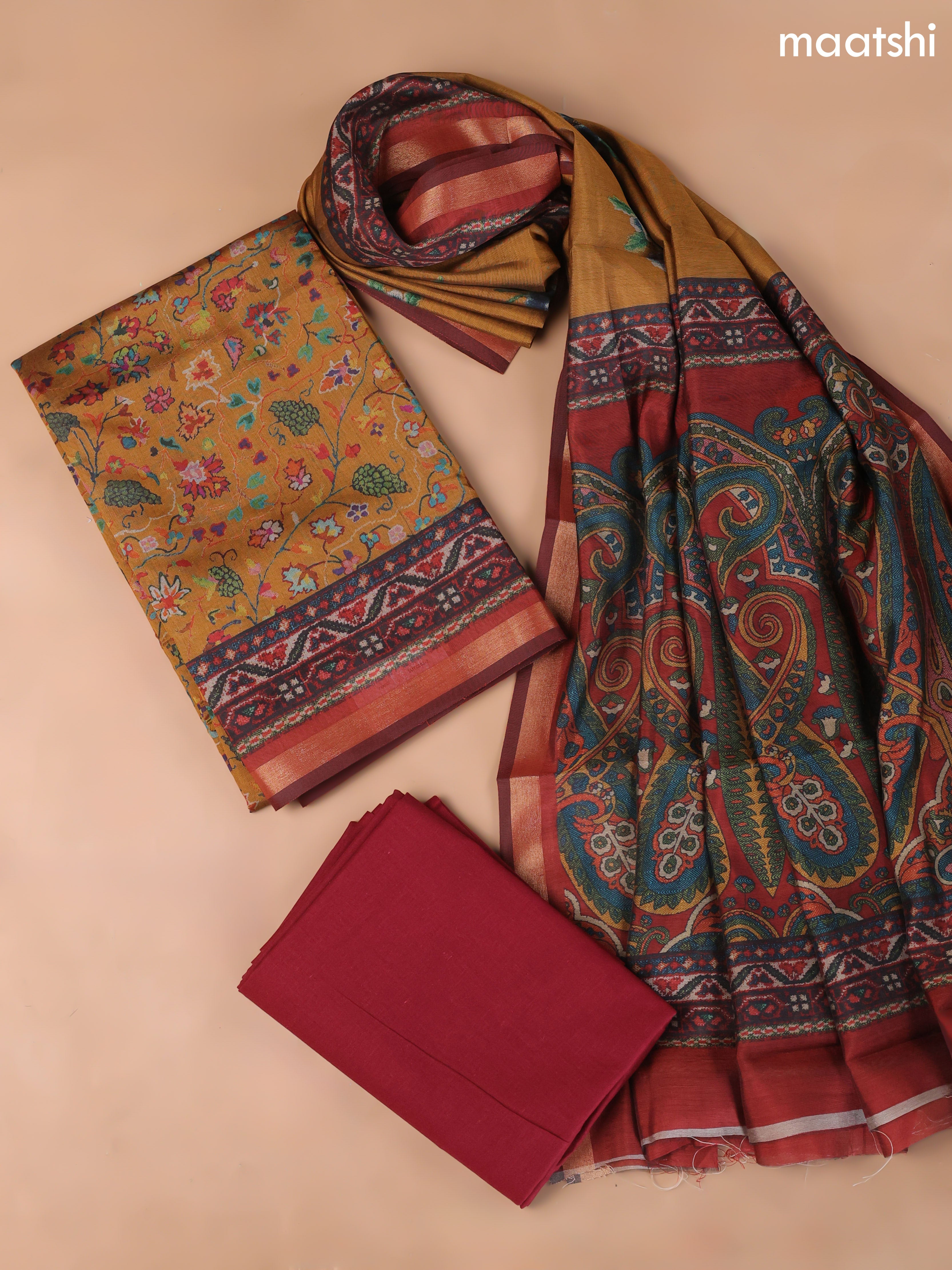 Mustard Yellow and Maroon Art Silk Dress Material With Allover Floral Prints