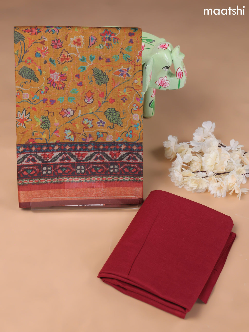 Mustard Yellow and Maroon Art Silk Dress Material With Allover Floral Prints