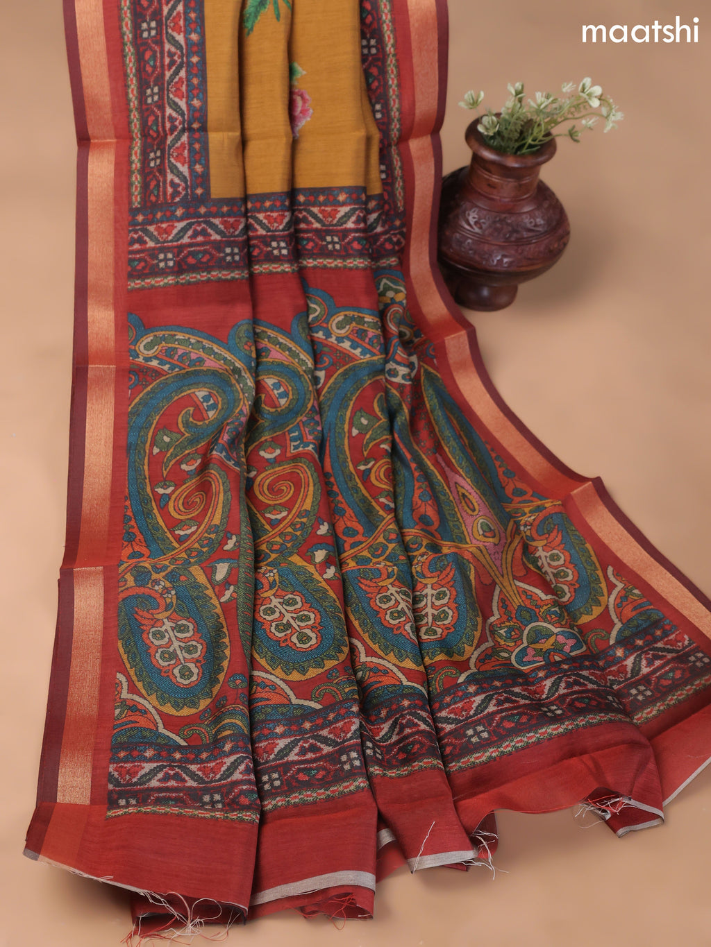 Mustard Yellow and Maroon Art Silk Dress Material With Allover Floral Prints