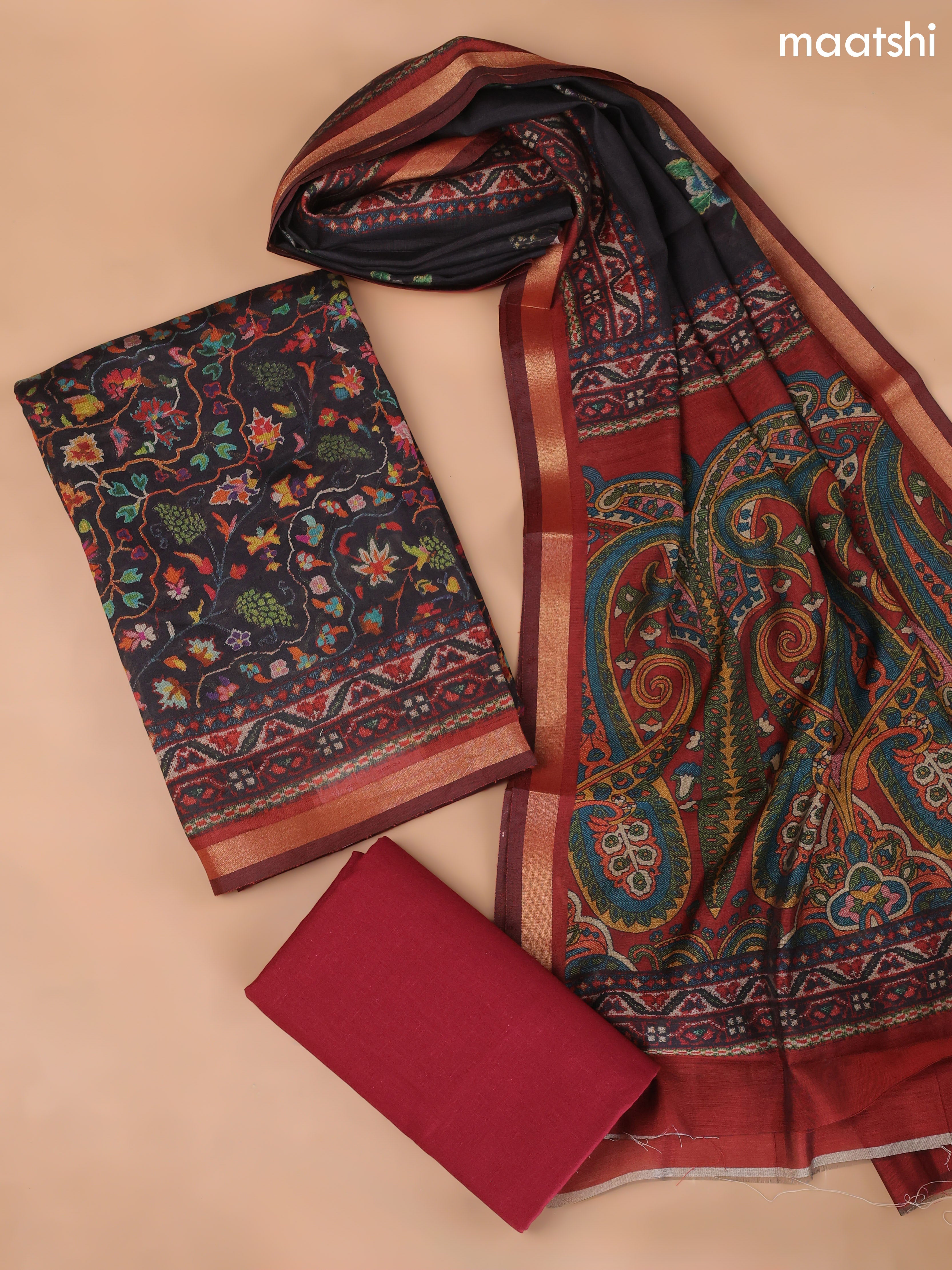 Black and Maroon Art Silk Dress Material With Allover Floral Prints