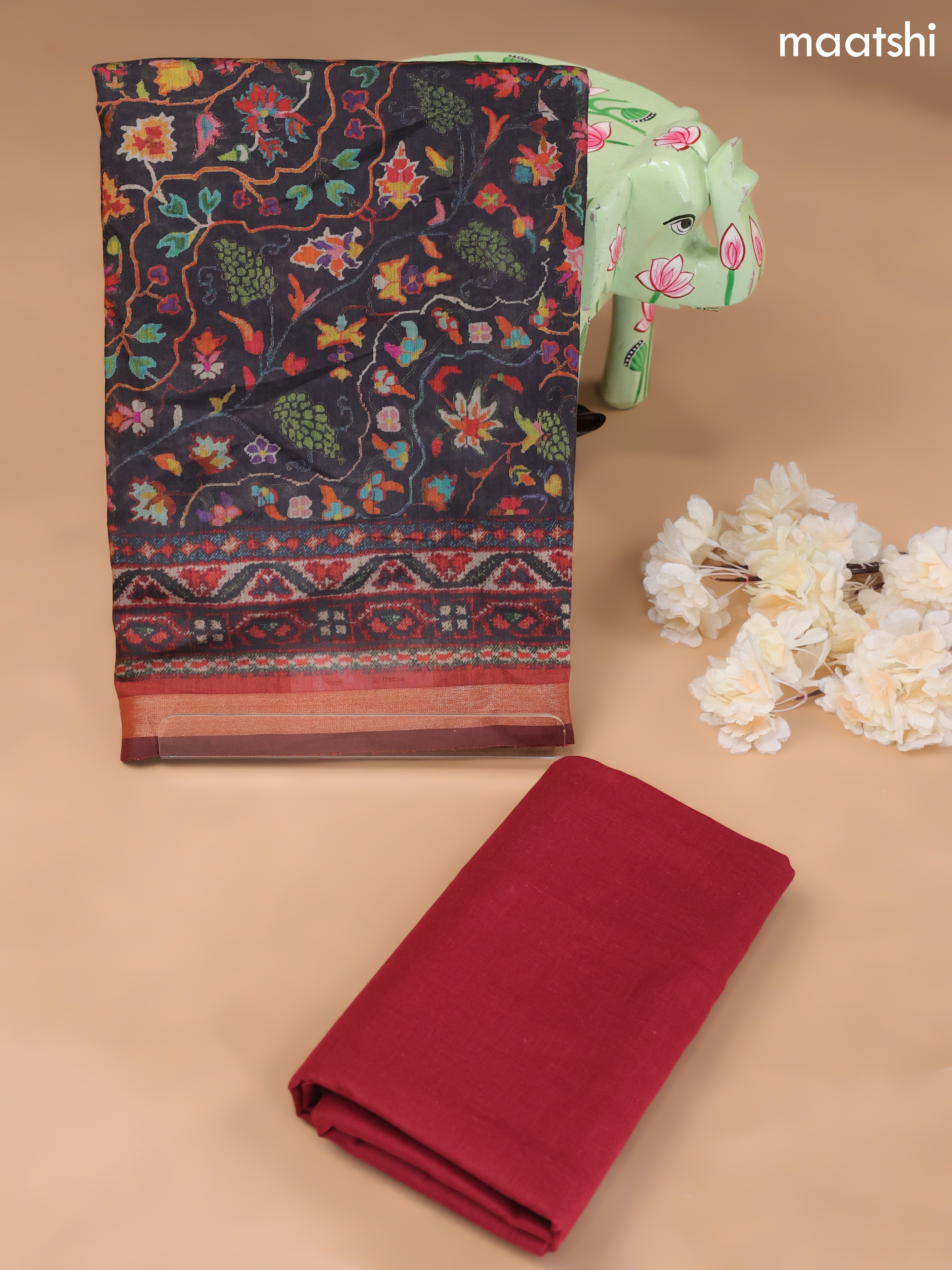 Black and Maroon Art Silk Dress Material With Allover Floral Prints