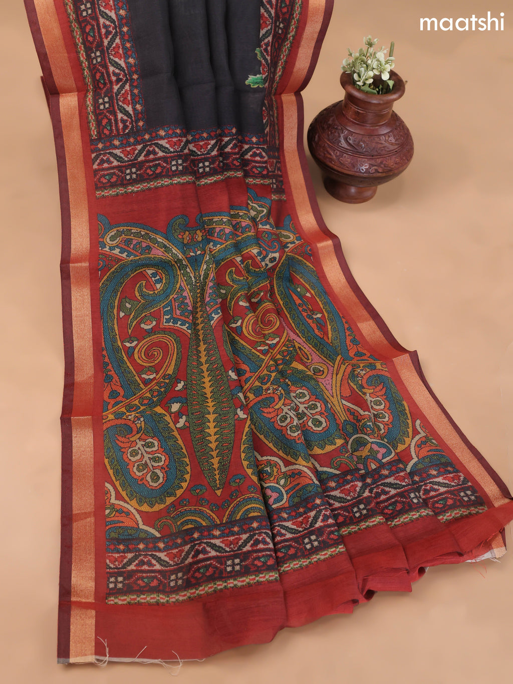 Black and Maroon Art Silk Dress Material With Allover Floral Prints