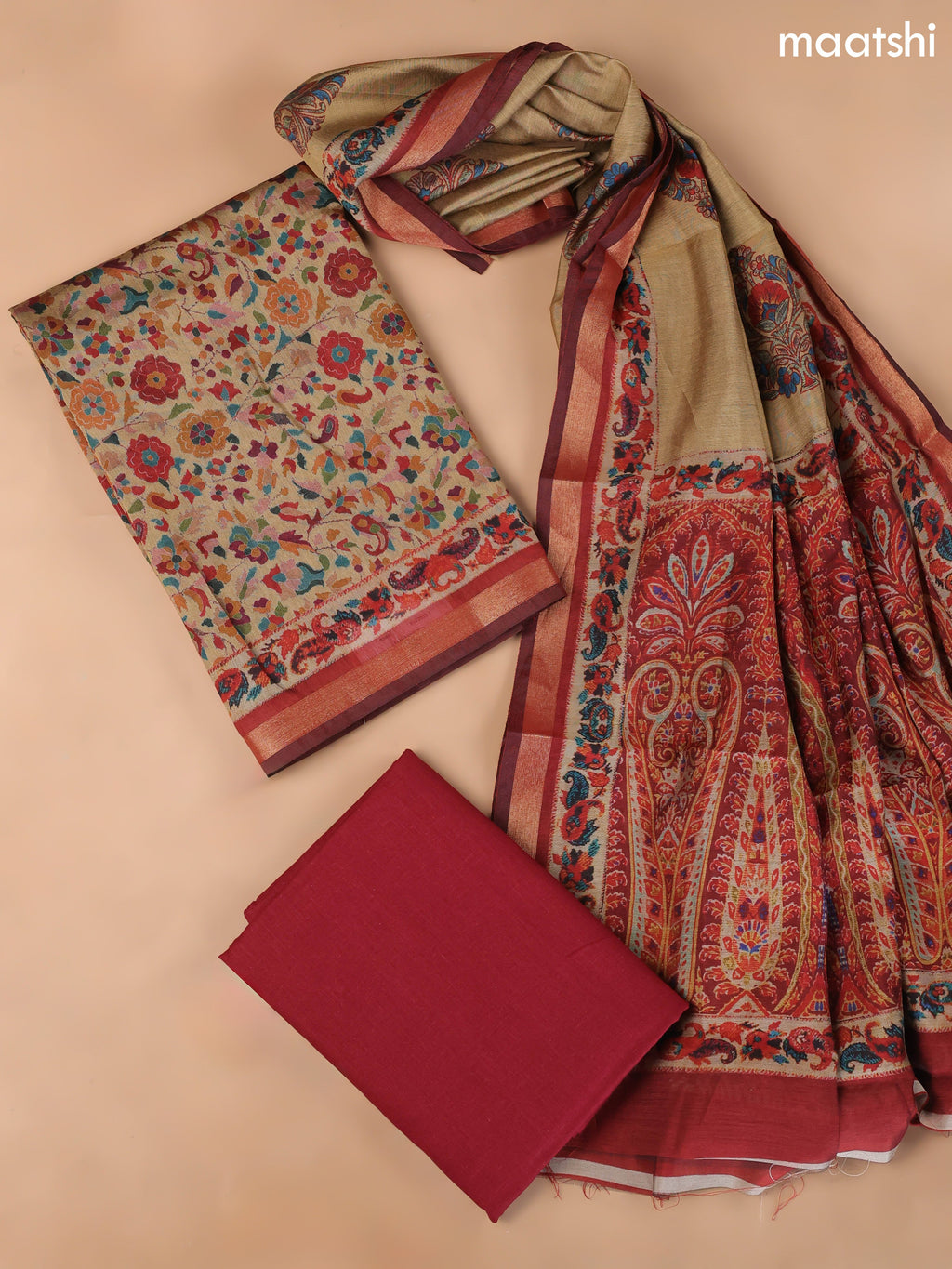 Sandal and Maroon Art Silk Dress Material With Allover Floral Prints
