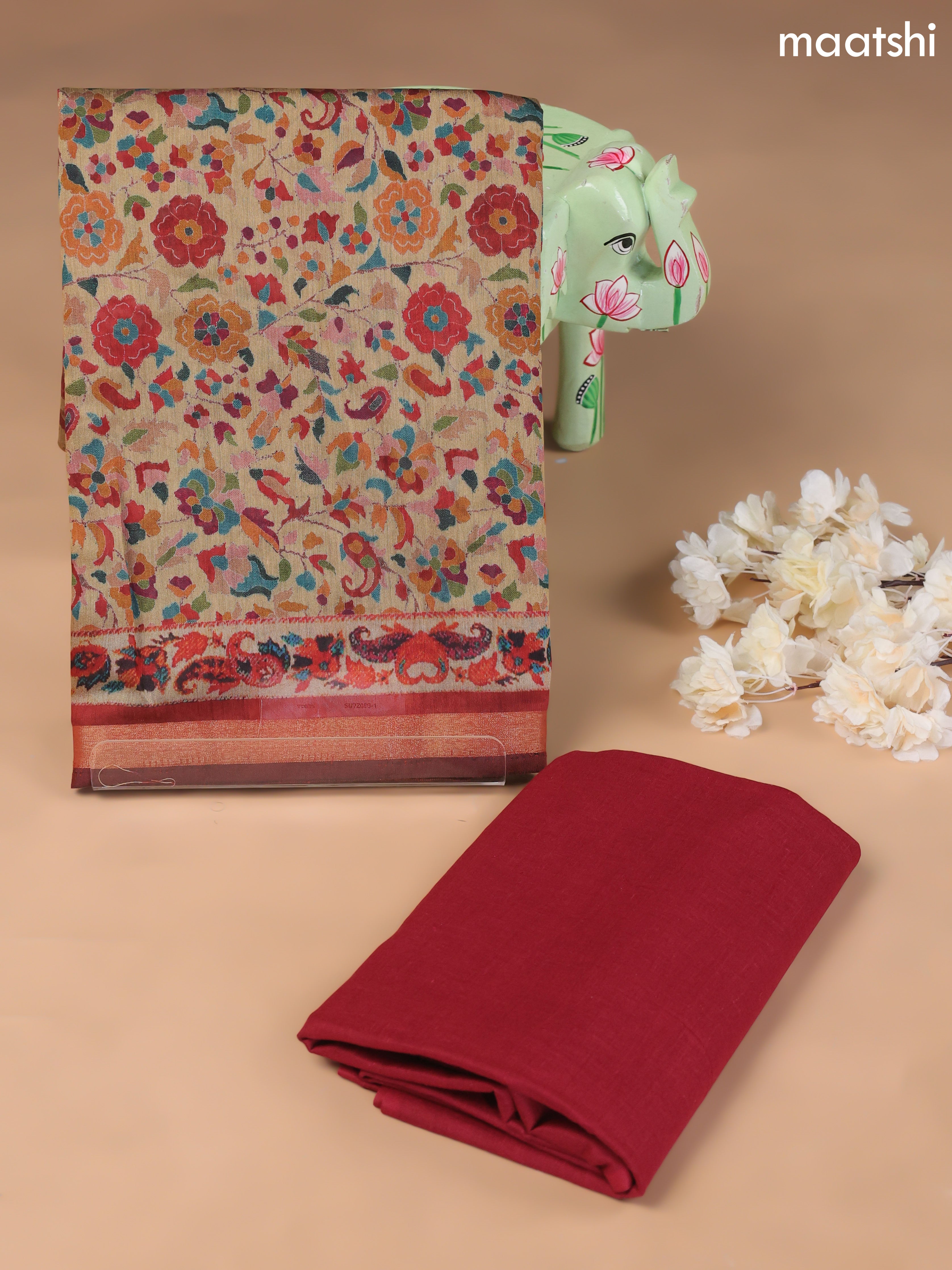 Sandal and Maroon Art Silk Dress Material With Allover Floral Prints