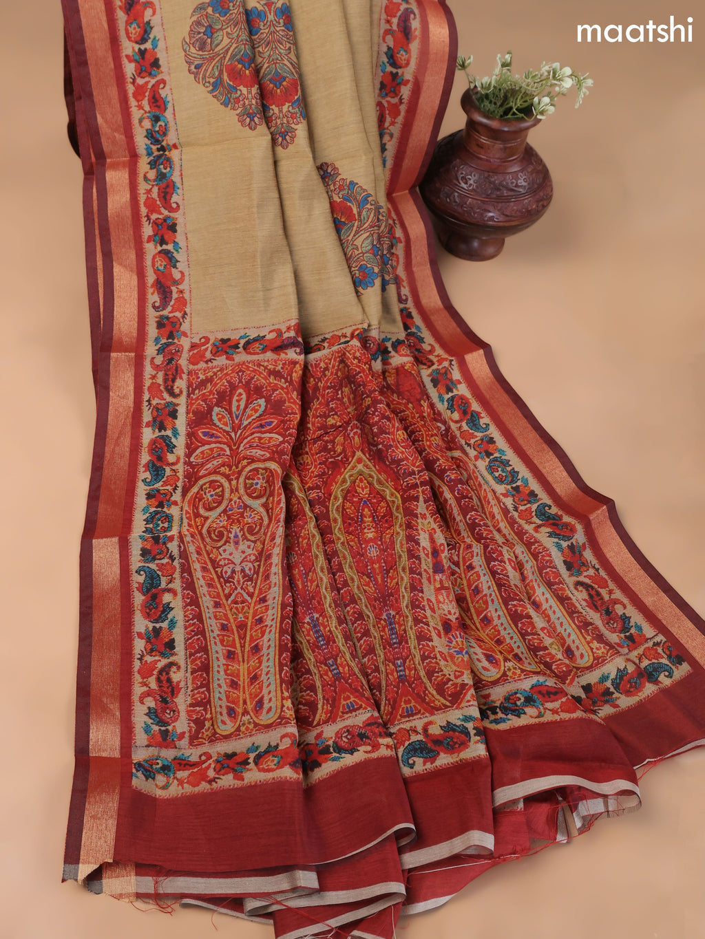 Sandal and Maroon Art Silk Dress Material With Allover Floral Prints