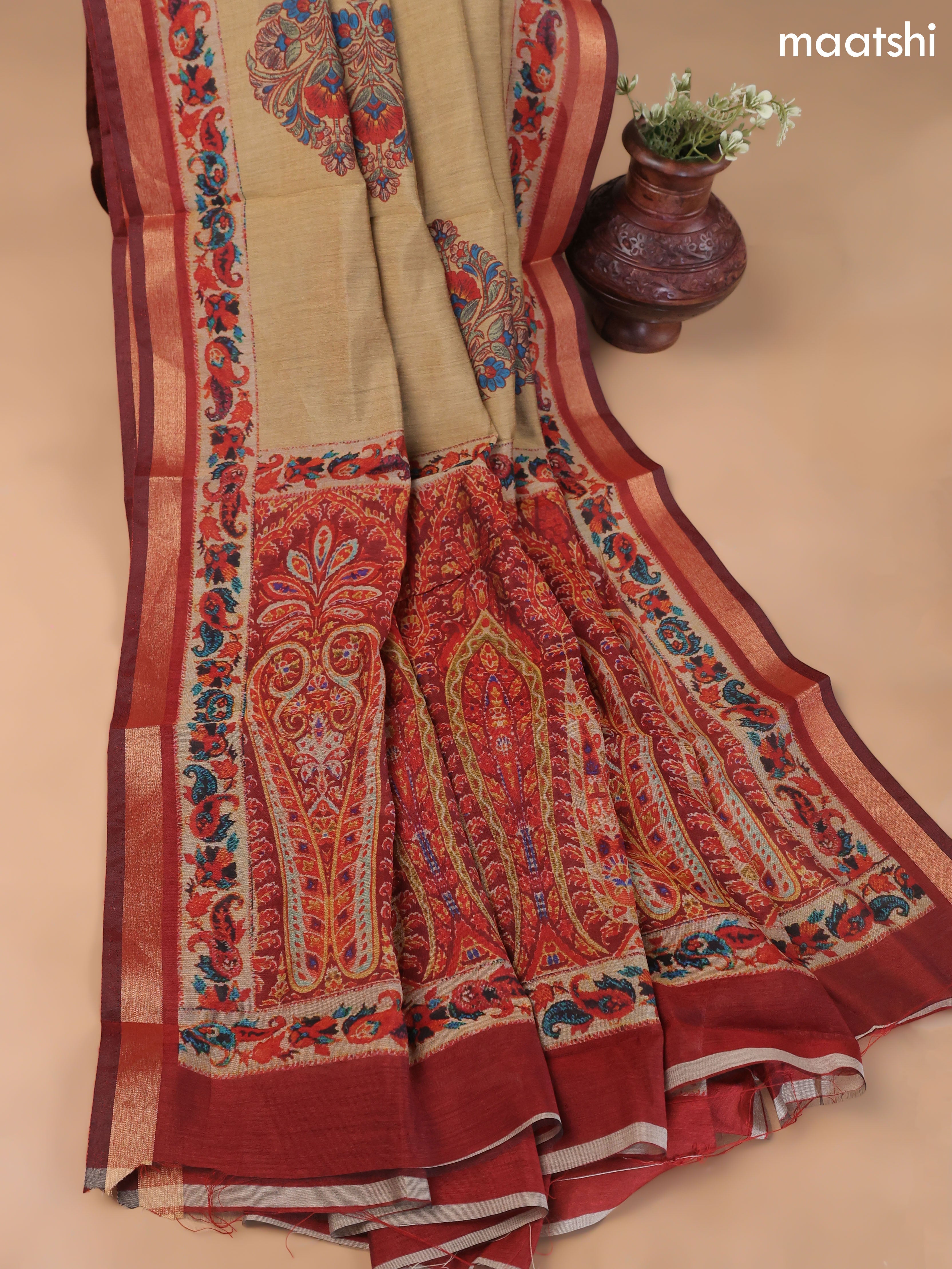 Sandal and Maroon Art Silk Dress Material With Allover Floral Prints