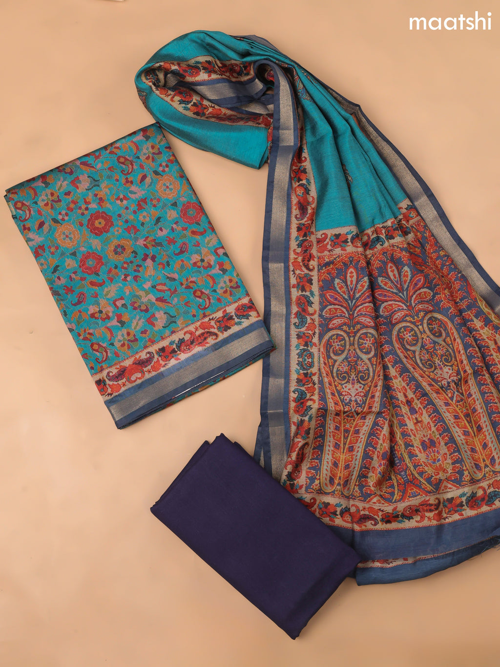Teal Blue and Navy Blue Art Silk Dress Material With Allover Floral Prints