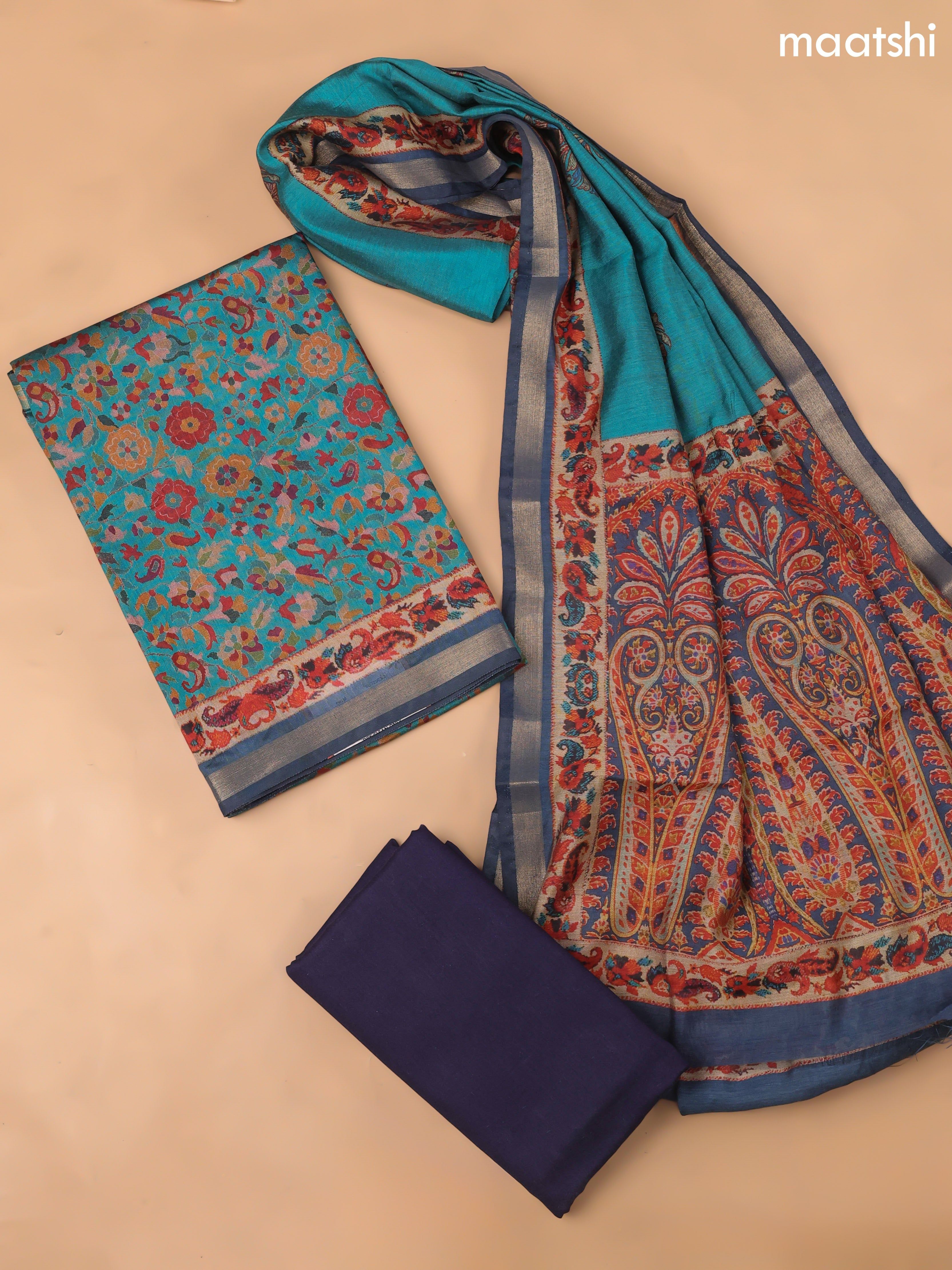 Teal Blue and Navy Blue Art Silk Dress Material With Allover Floral Prints