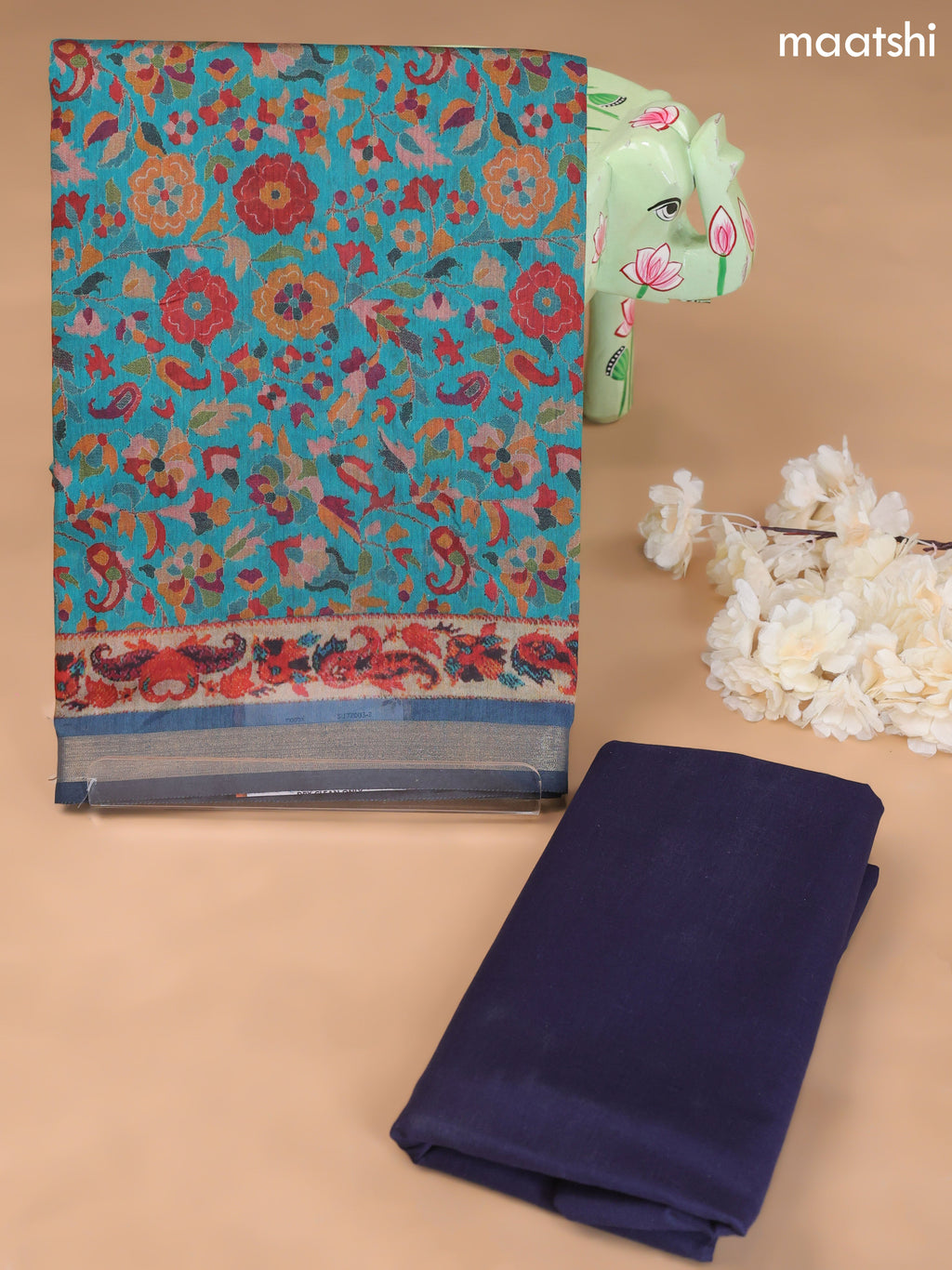 Teal Blue and Navy Blue Art Silk Dress Material With Allover Floral Prints