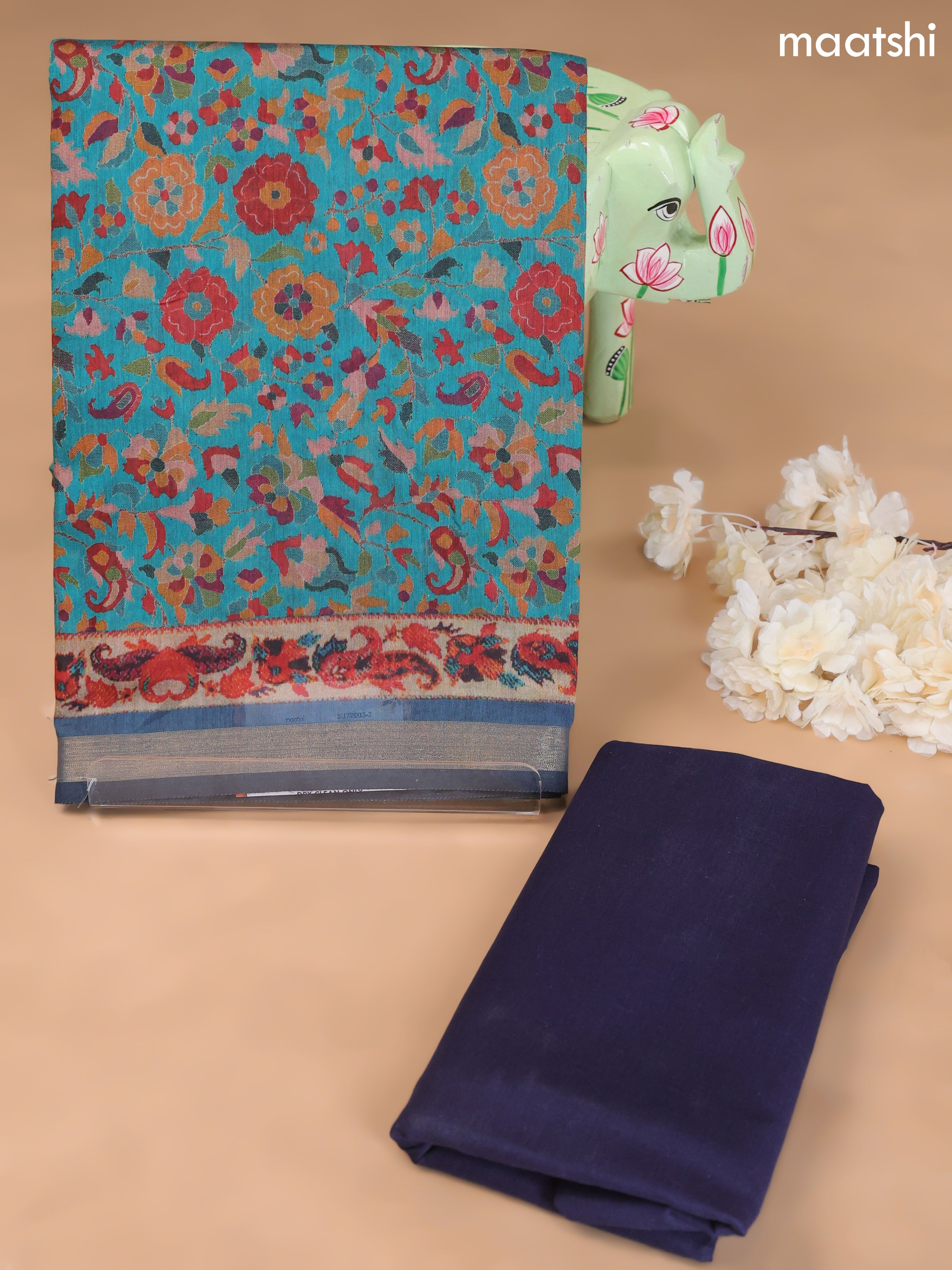 Teal Blue and Navy Blue Art Silk Dress Material With Allover Floral Prints