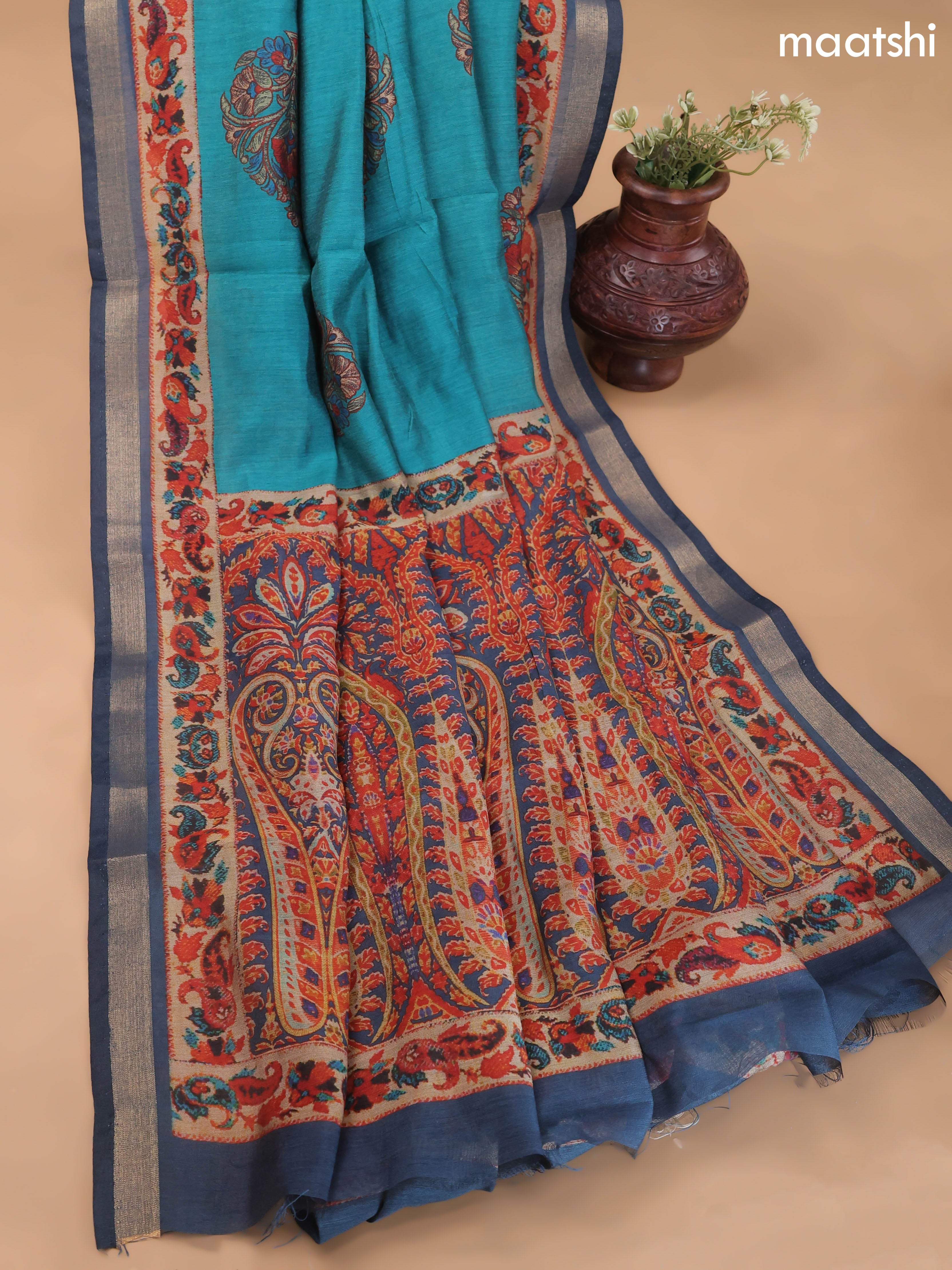 Teal Blue and Navy Blue Art Silk Dress Material With Allover Floral Prints