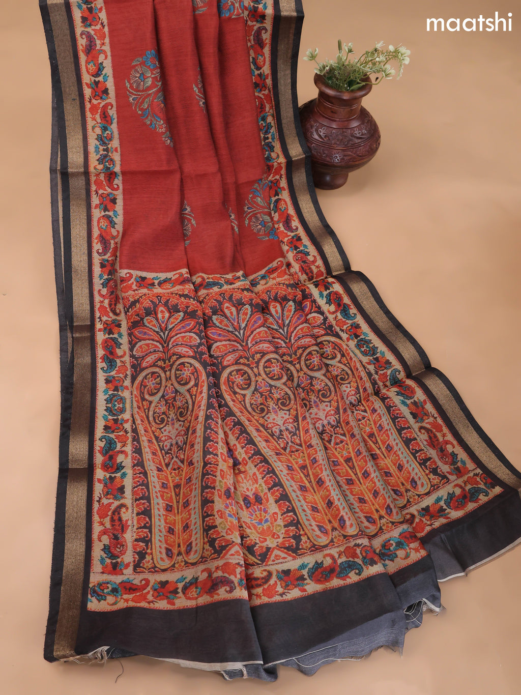 Dark Rust and Black Art Silk Dress Material With Allover Floral Prints