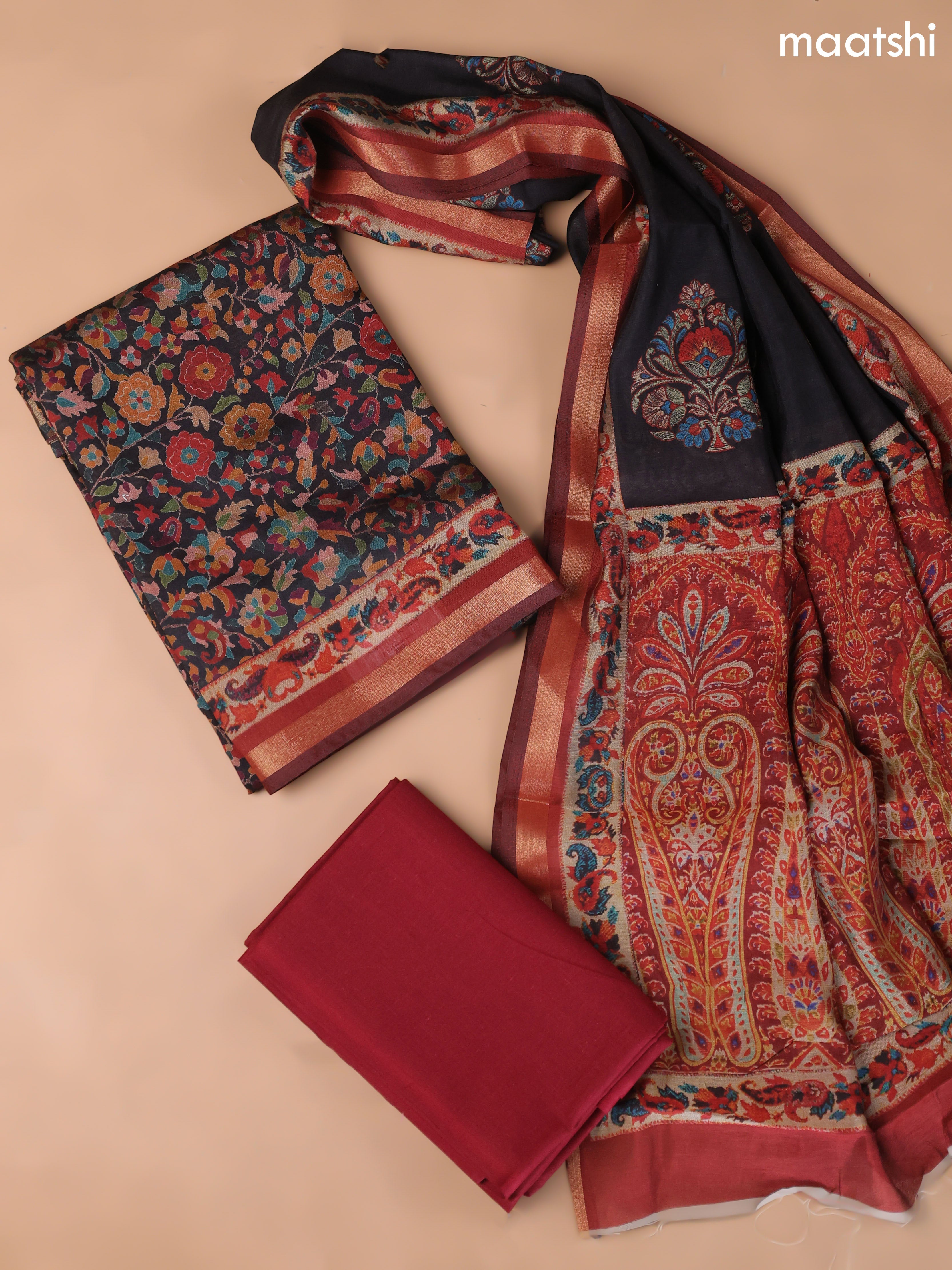 Black and Maroon Art Silk Dress Material With Allover Floral Prints