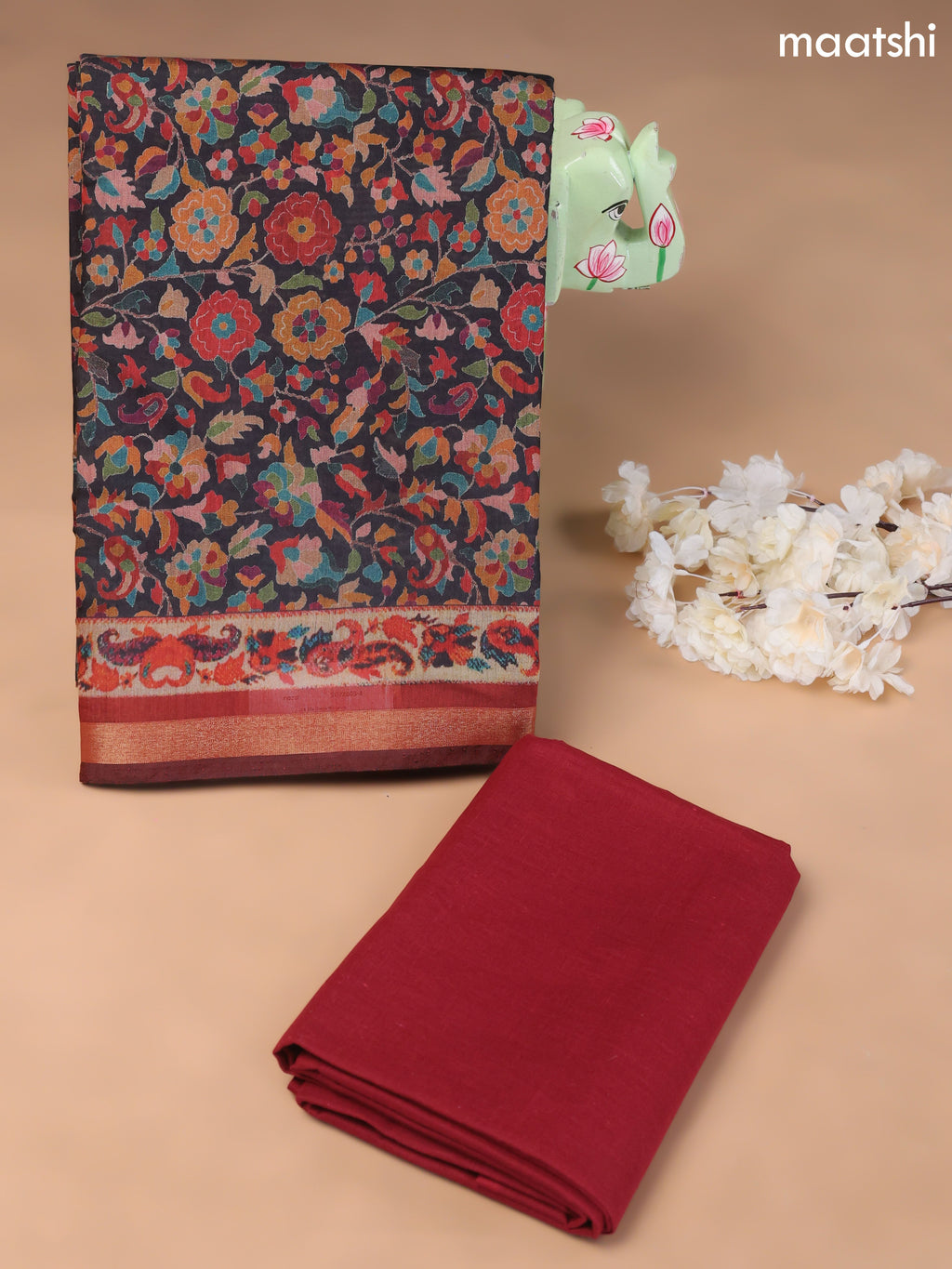 Black and Maroon Art Silk Dress Material With Allover Floral Prints