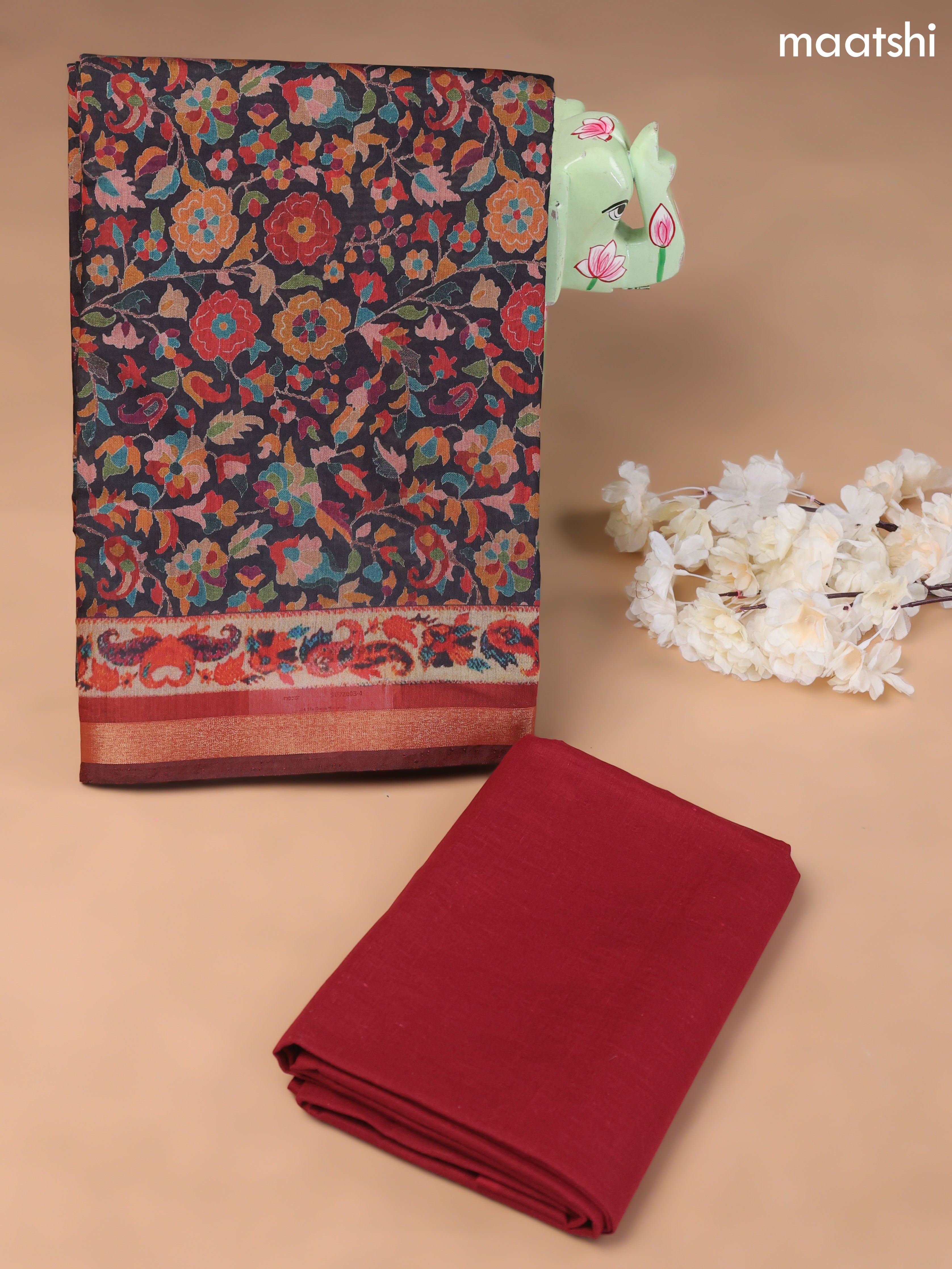 Black and Maroon Art Silk Dress Material With Allover Floral Prints