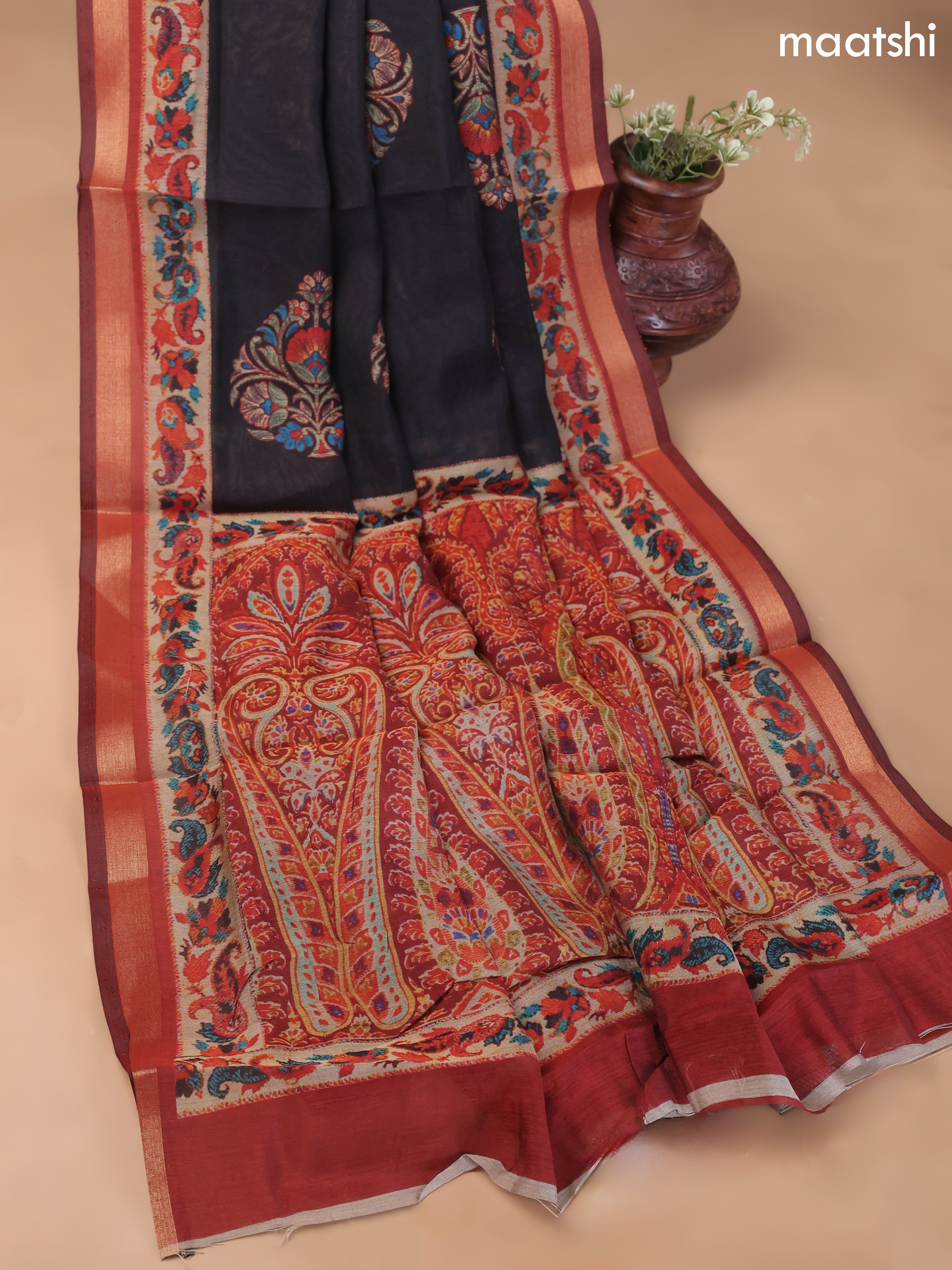 Black and Maroon Art Silk Dress Material With Allover Floral Prints